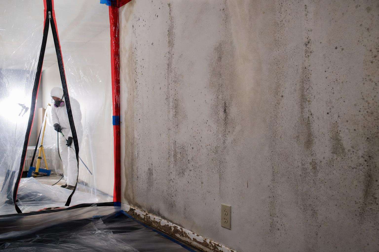 Water-stained drywall corner during remediation with plastic sheeting, no people