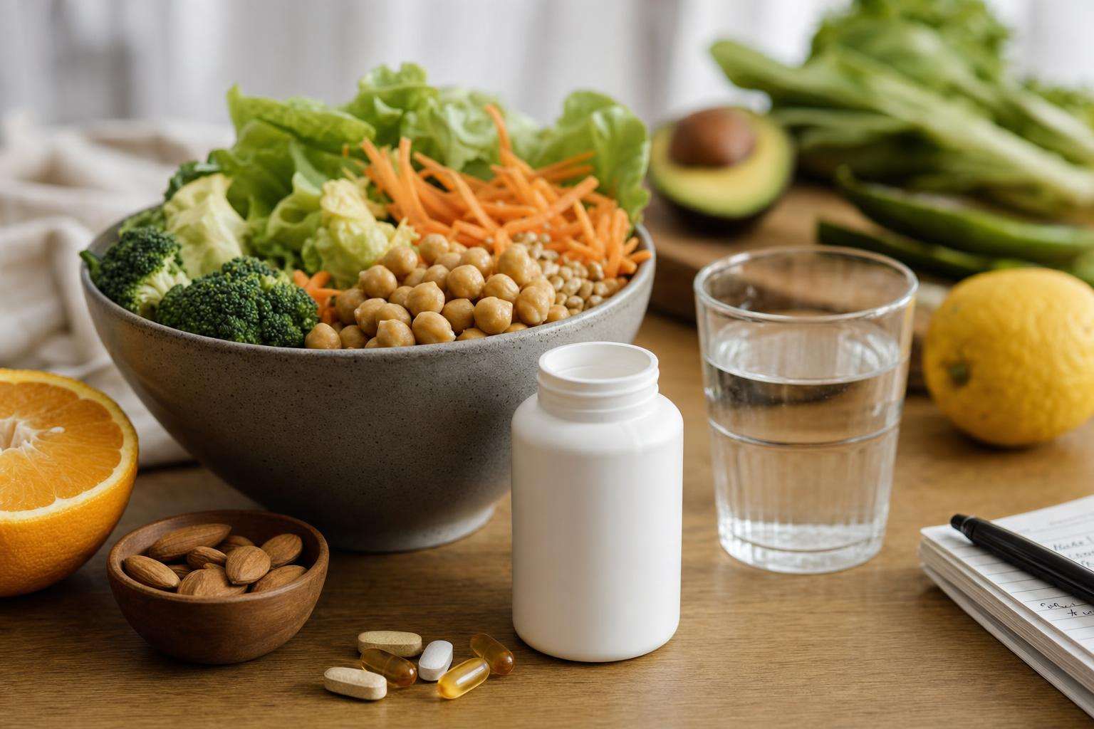 Leafy greens, lentils, and folic acid bottle on wood table, soft light, no people