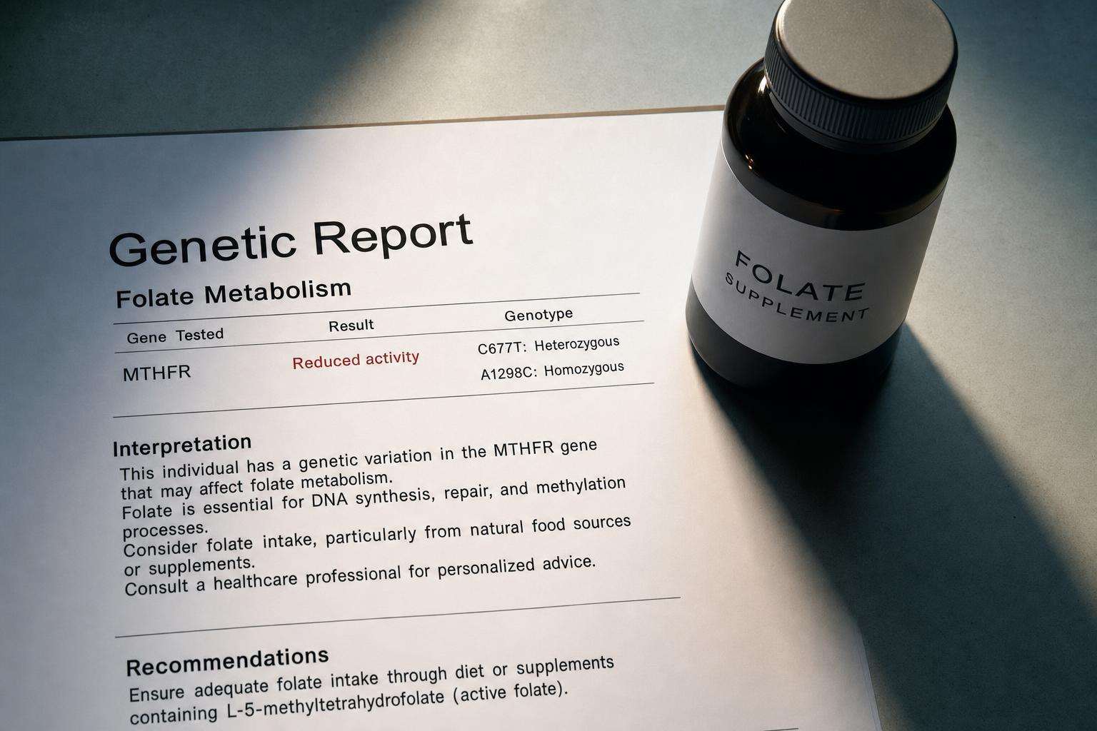 Genetics report and folic acid bottle concept on desk, no people
