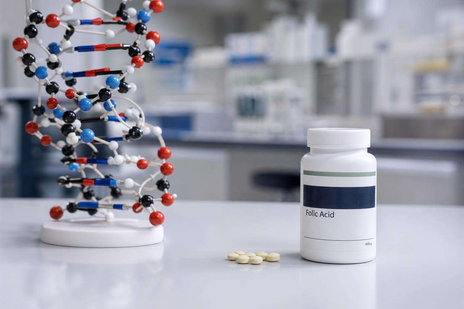 Abstract double-helix DNA model beside a bottle of folic acid tablets on a clean surface, no people