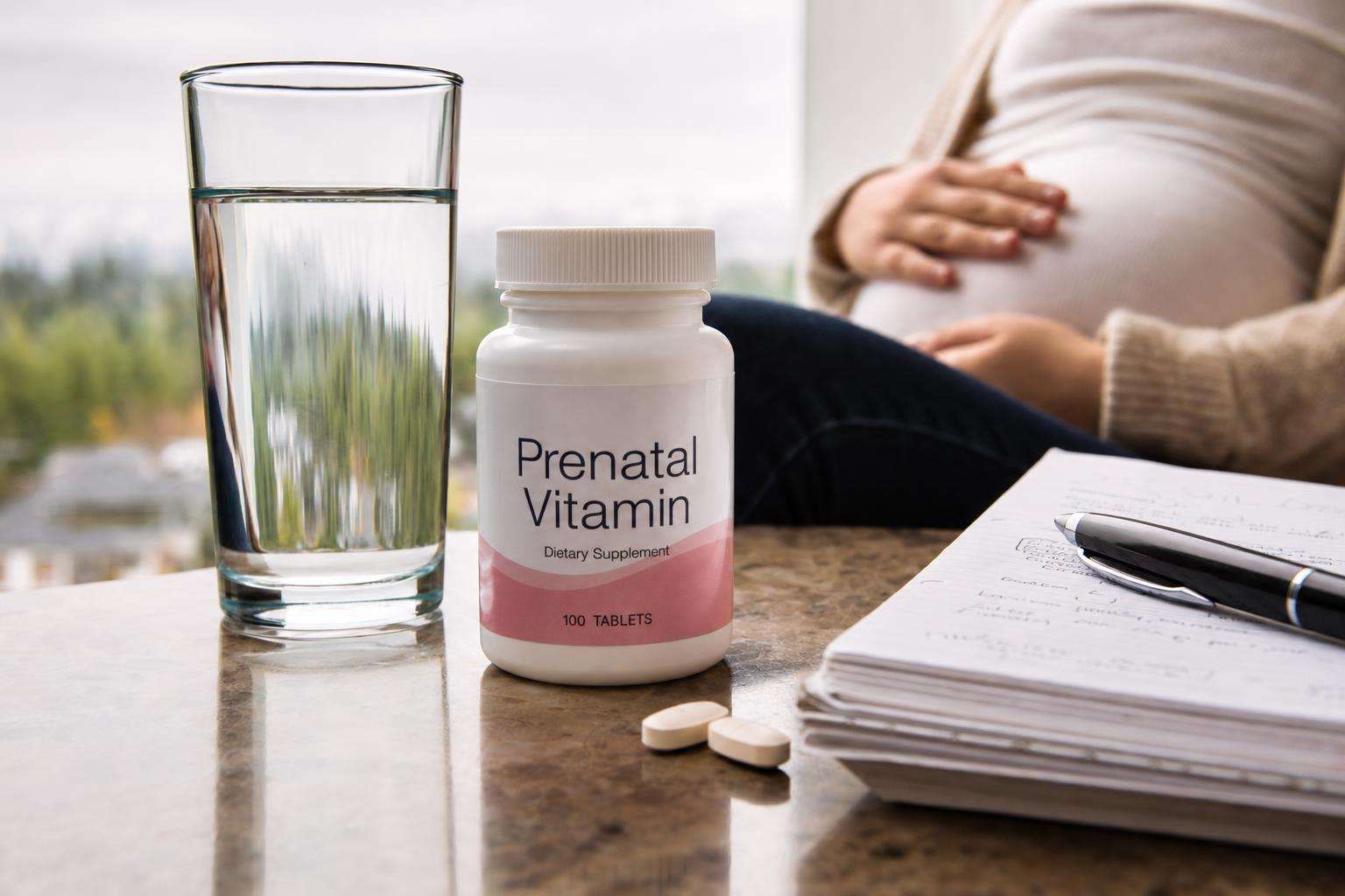 Prenatal vitamins and glass of water on nightstand, soft morning light, no people