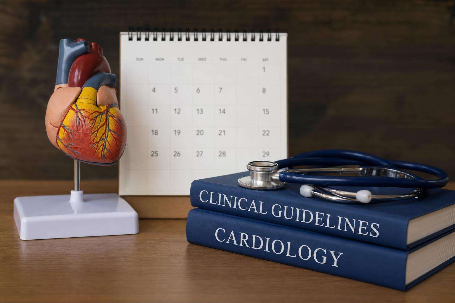 Heart model and pregnancy calendar with guideline sticky notes, conceptual, no people