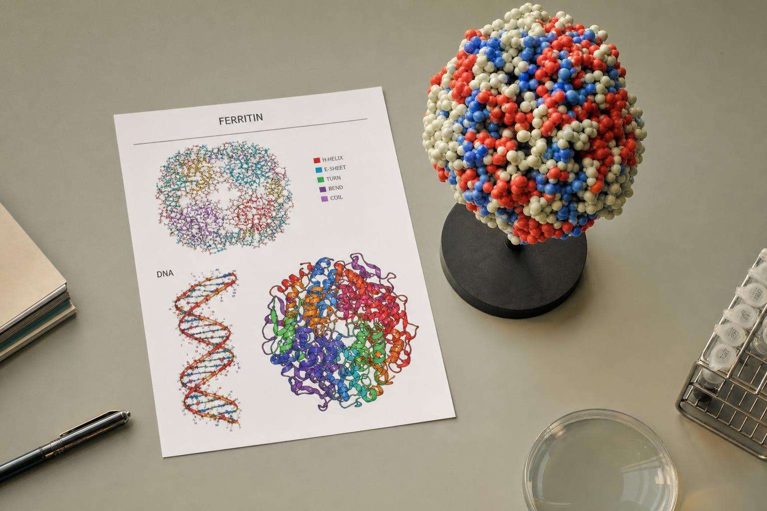 DNA double helix model beside iron lab report, no people