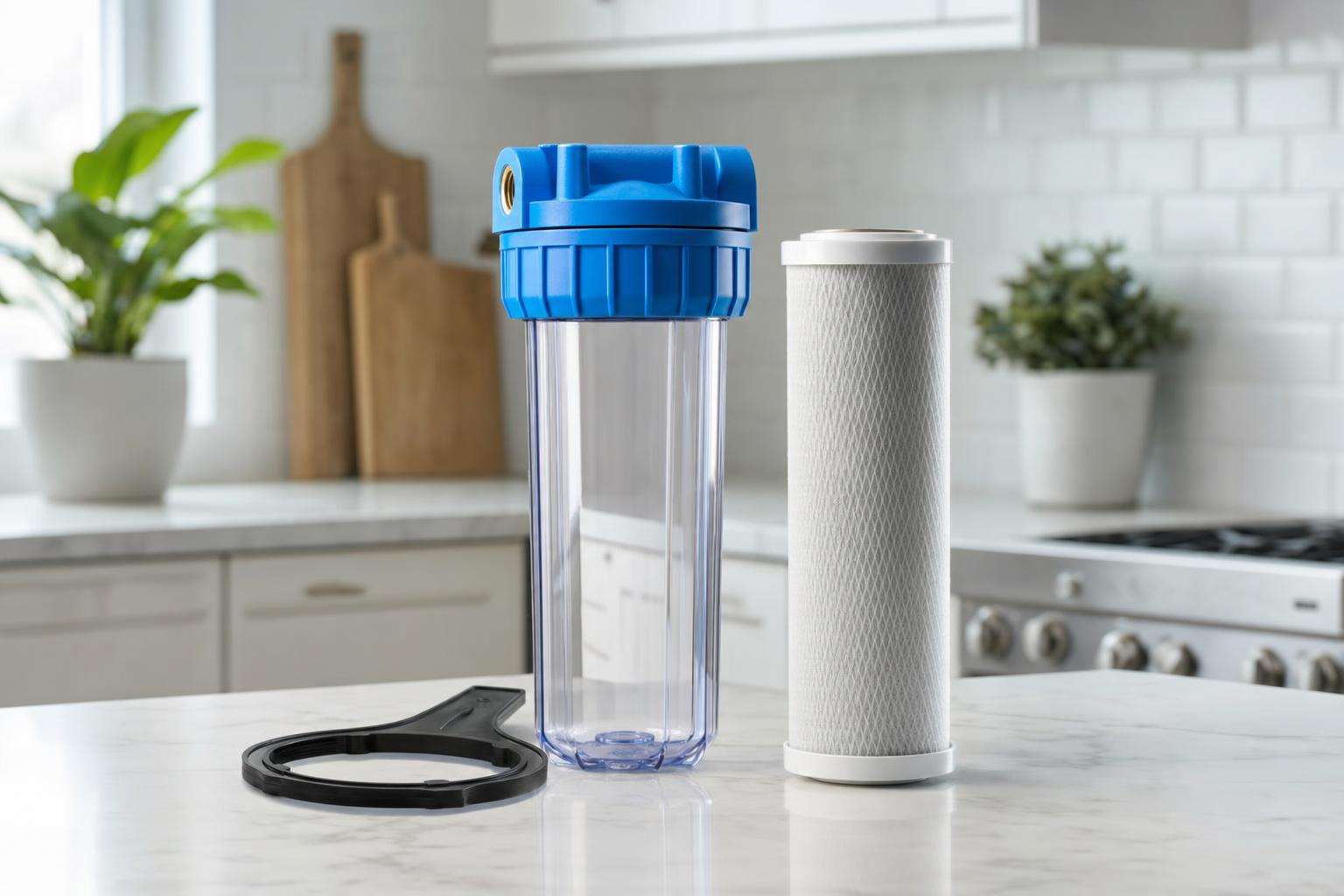 Water filter housing and certification-style product label area on a clean counter, no readable brand, no people