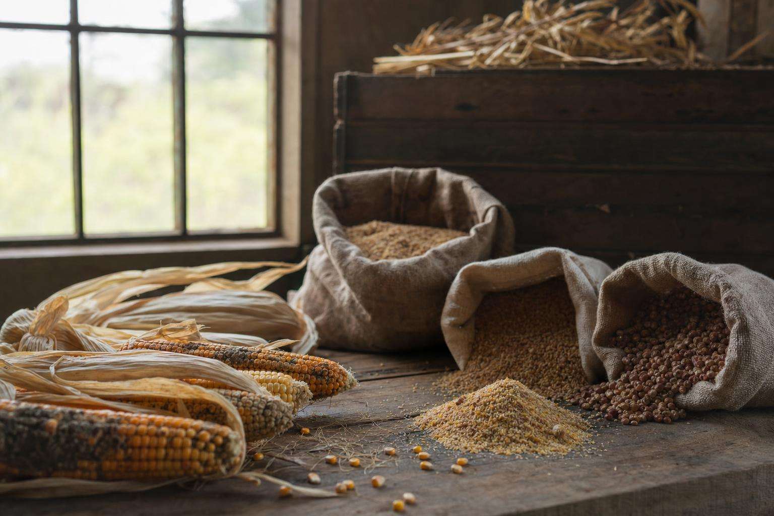 Coffee beans cereal grains dried fruit flat lay, no brands