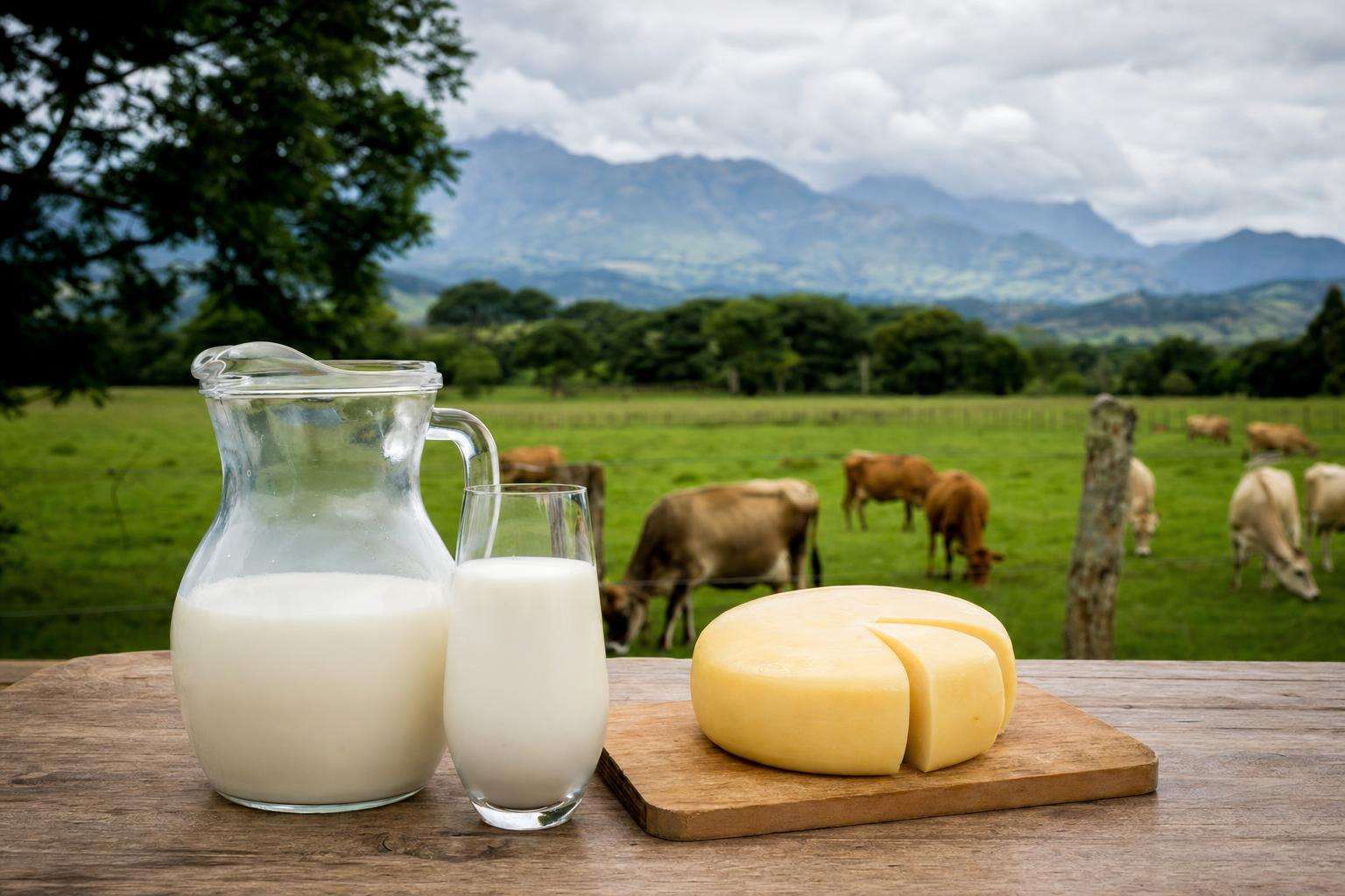 Glass of milk and grass pasture photo card on table, soft light, no people
