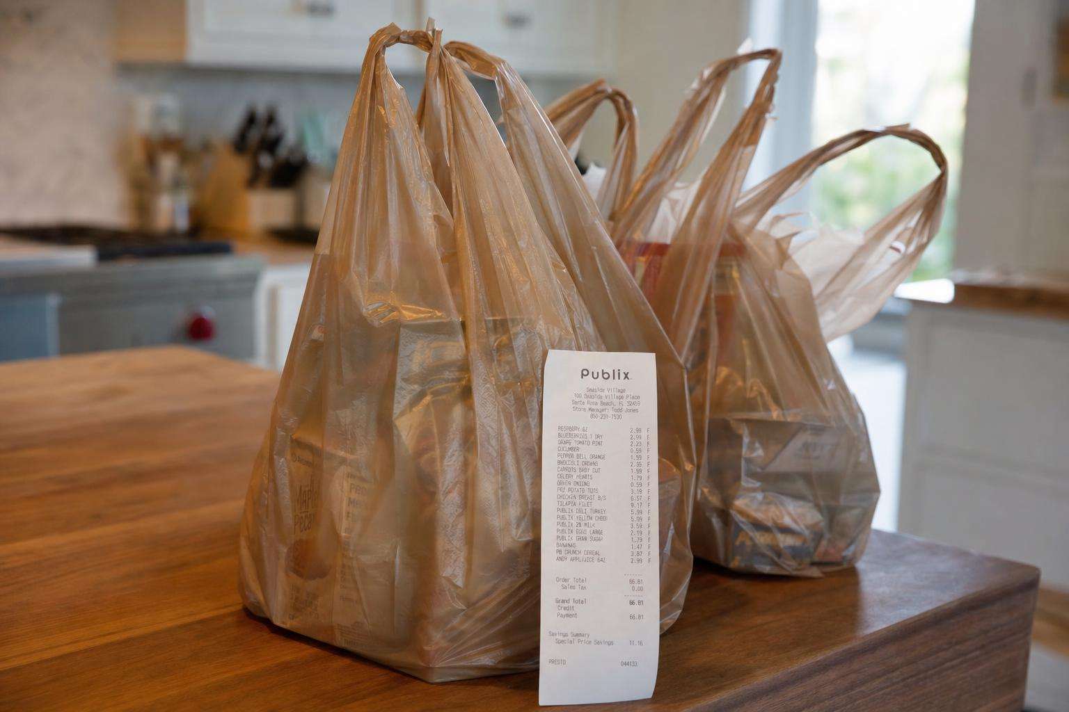 Grocery receipt and mixed organic conventional produce bags, kitchen counter, no people