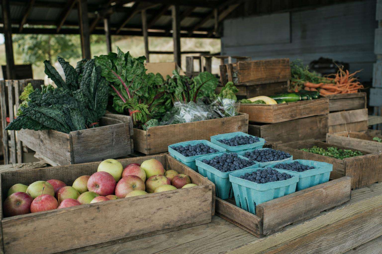 Fresh mixed produce in wooden crates at a market stall, organic greens and fruit, no people