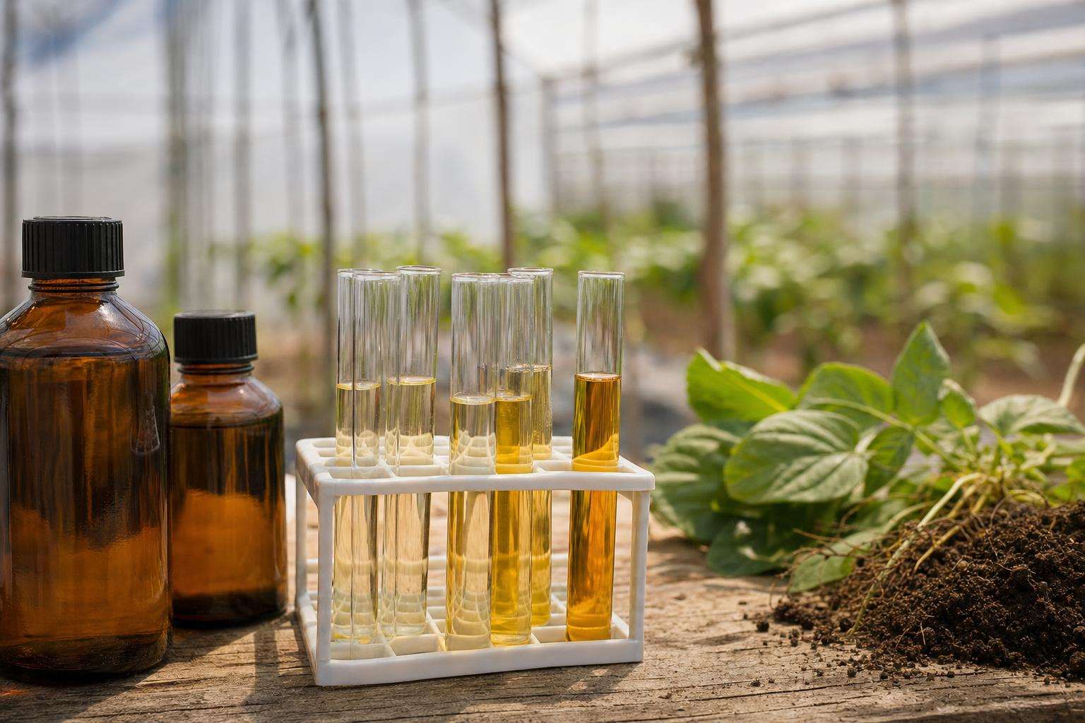 Urine sample cup and fresh produce on lab bench, no people