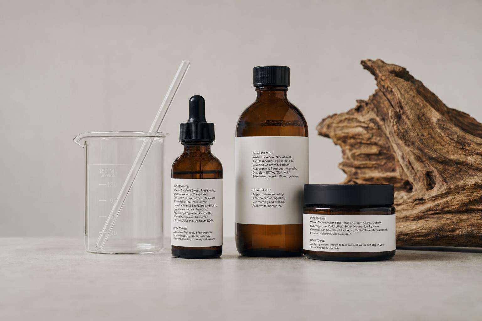 Lotion bottle, ingredient list, and small lab vials on bathroom counter, no people
