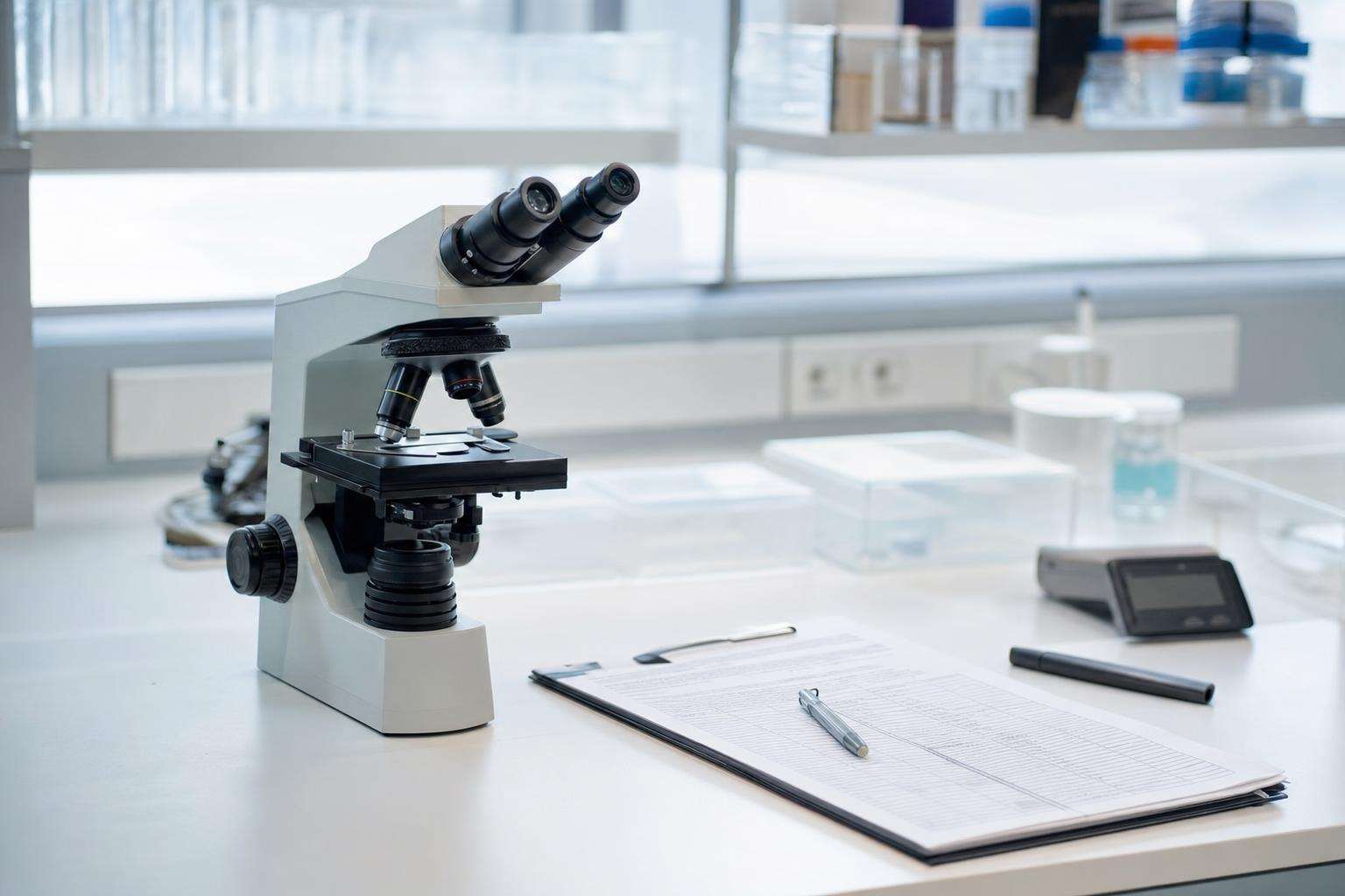 Microscope and stool test request form concept on clinical desk, no people