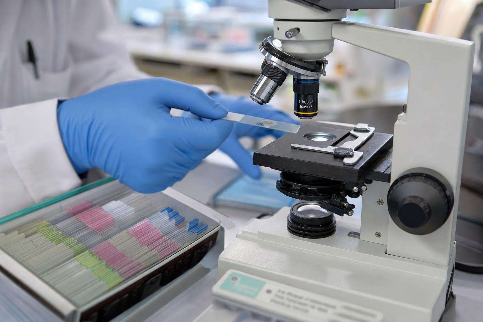 Microscope and stool specimen containers in lab setting, no people