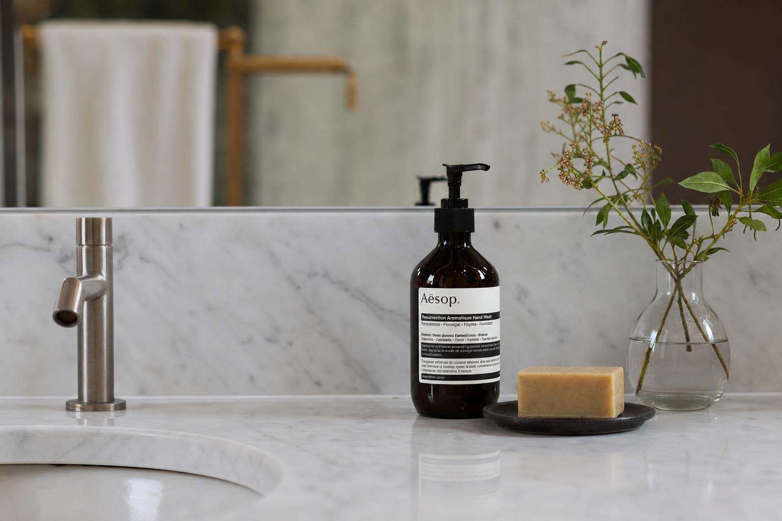 Handwashing sink and reusable water bottle for travel, soft light, no people