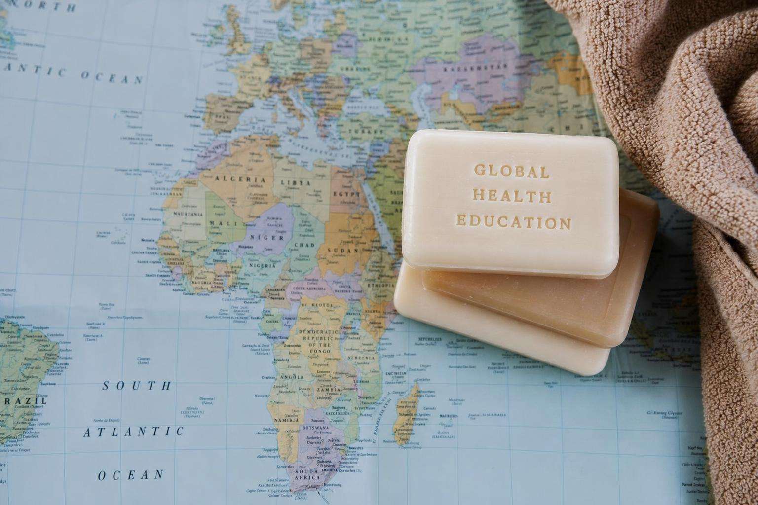World map silhouette and hand hygiene icons conceptual flat lay, no people