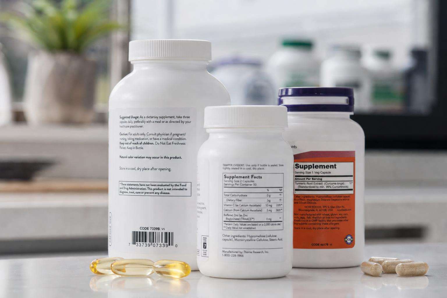Pharmacy shelf of supplement bottles blurred with stop-hand concept, no people