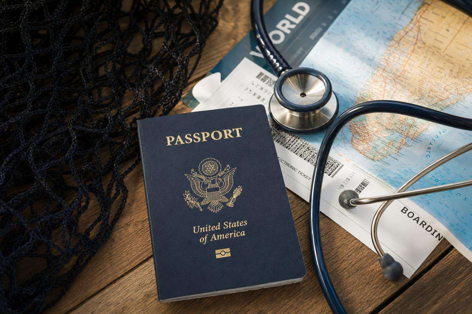 Passport, mosquito net fabric, and water bottle flat lay for travel health, no people