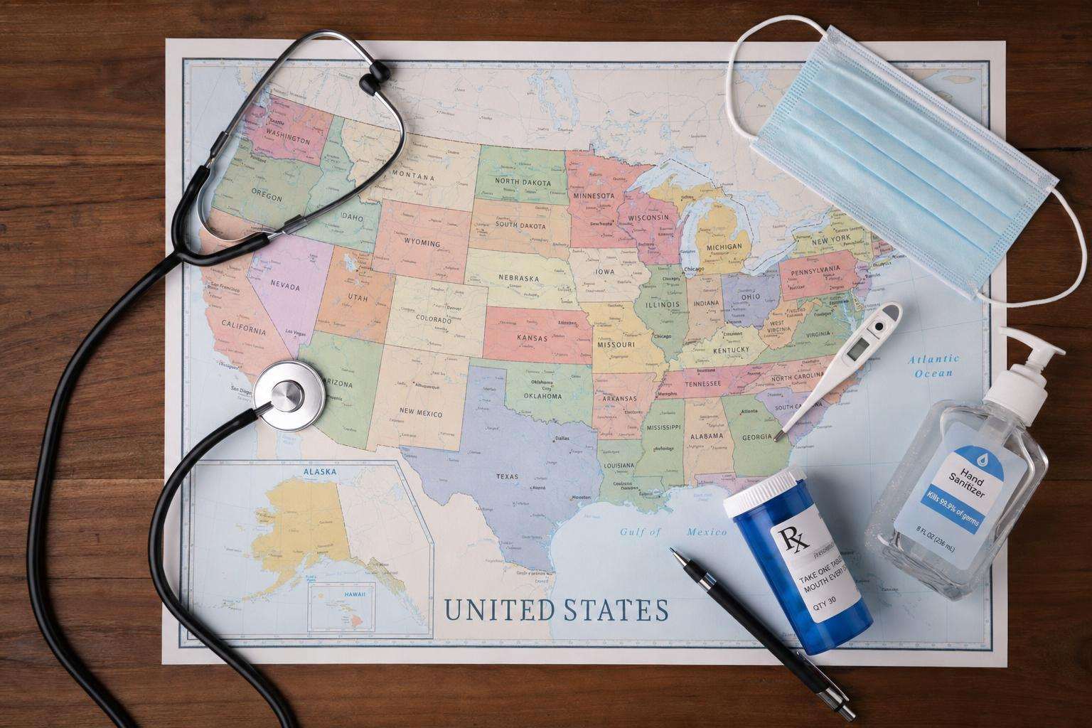 U.S. map outline with water wave and tick icons conceptual, no people