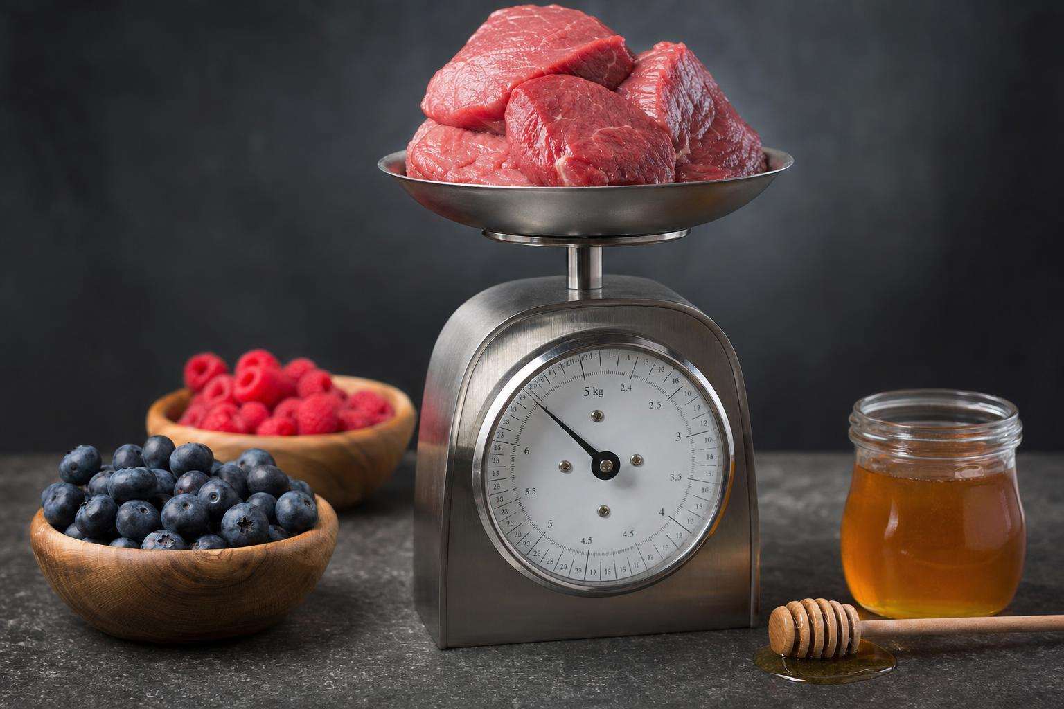 Measuring tape beside steak, fruit, and small liver portion on kitchen scale, no people