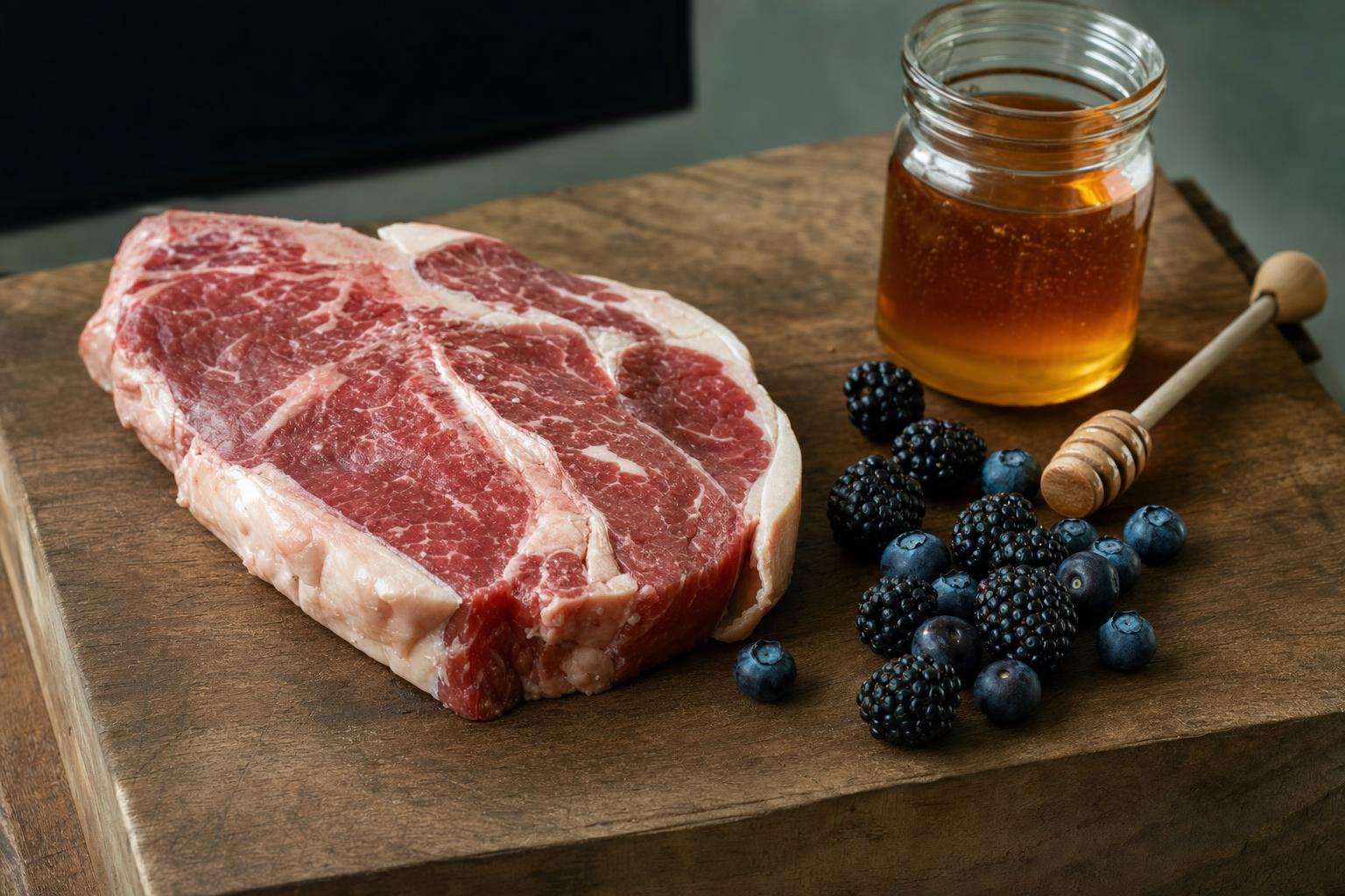 Steak and mixed fruit on a wooden board representing carnivore-to-animal-based shift, no people