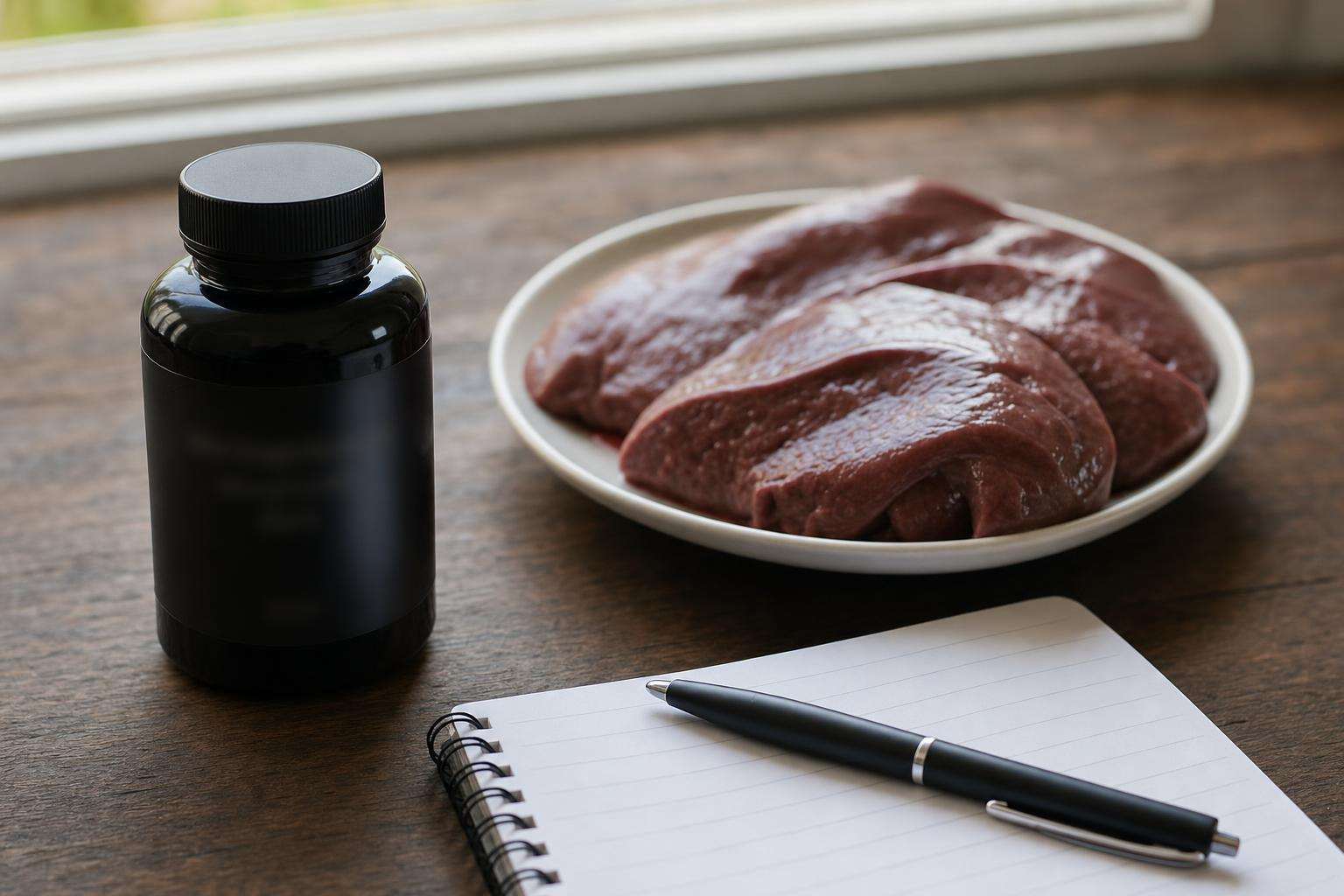 Supplement capsules beside raw liver and disclosure notepad, no people