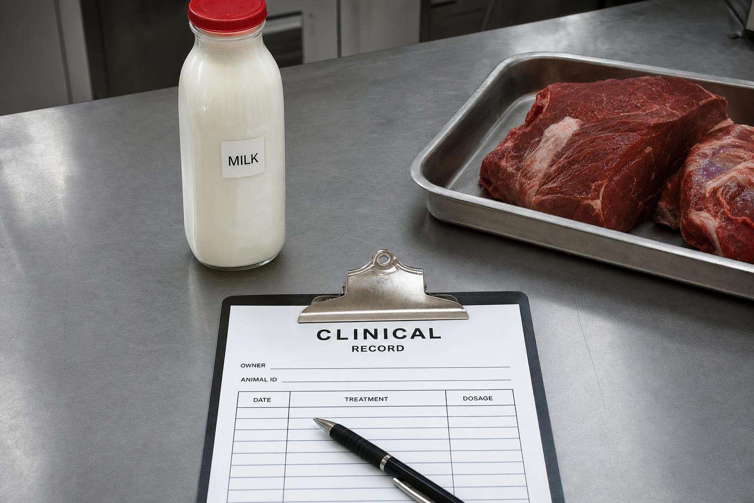 Warning clipboard with medical icons beside steak and milk bottle, no people