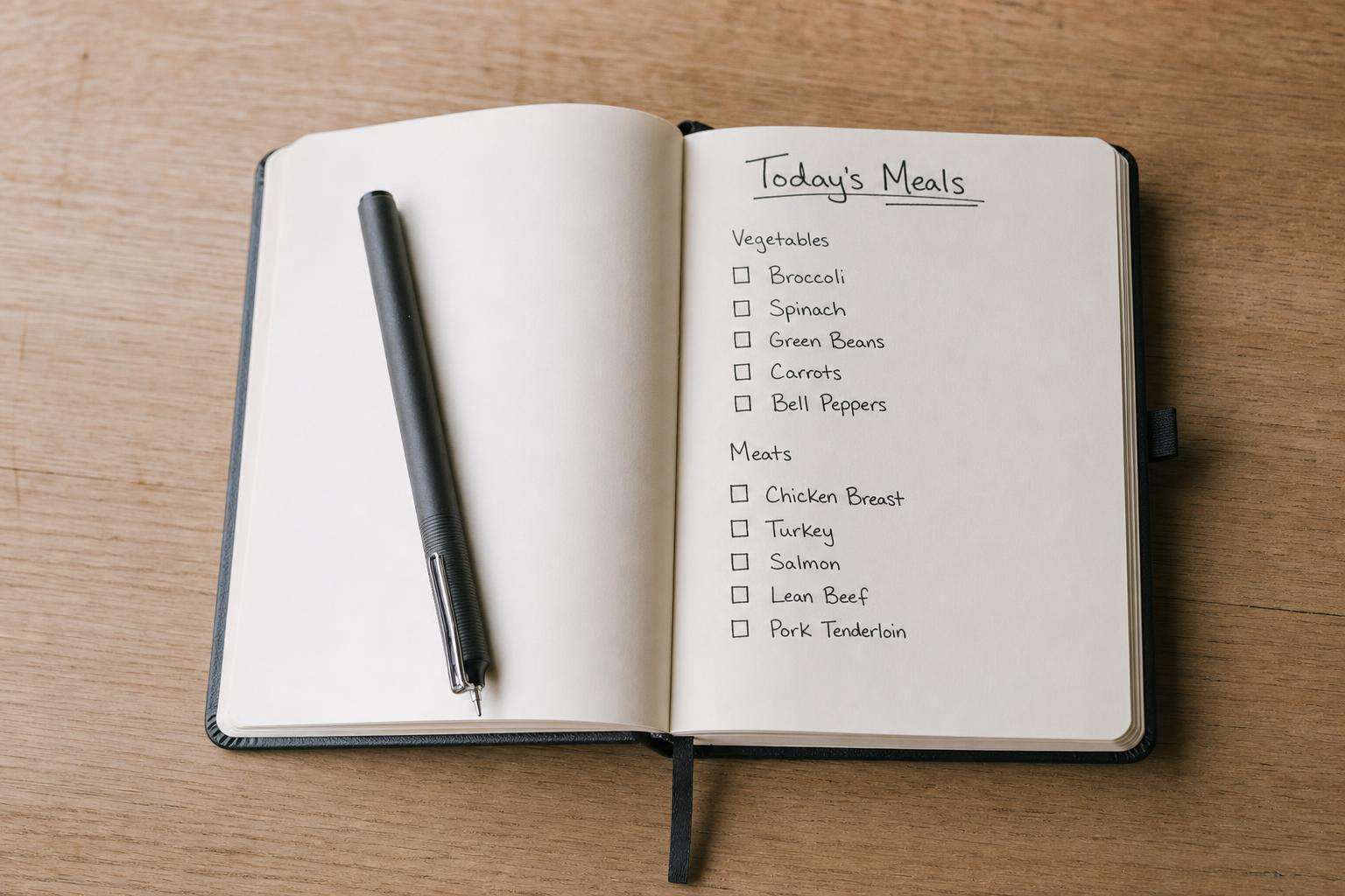 Notebook checklist beside mixed foods for reintroduction, no people