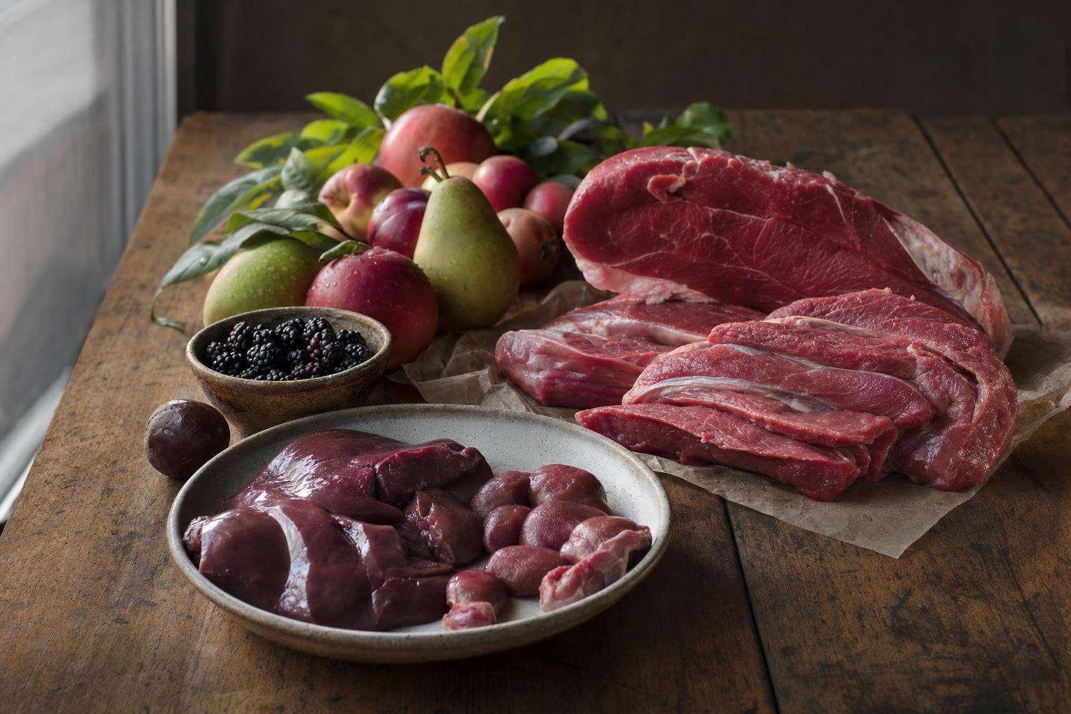 Raw steak, liver slices, and mixed fruit on a butcher-block surface, no people