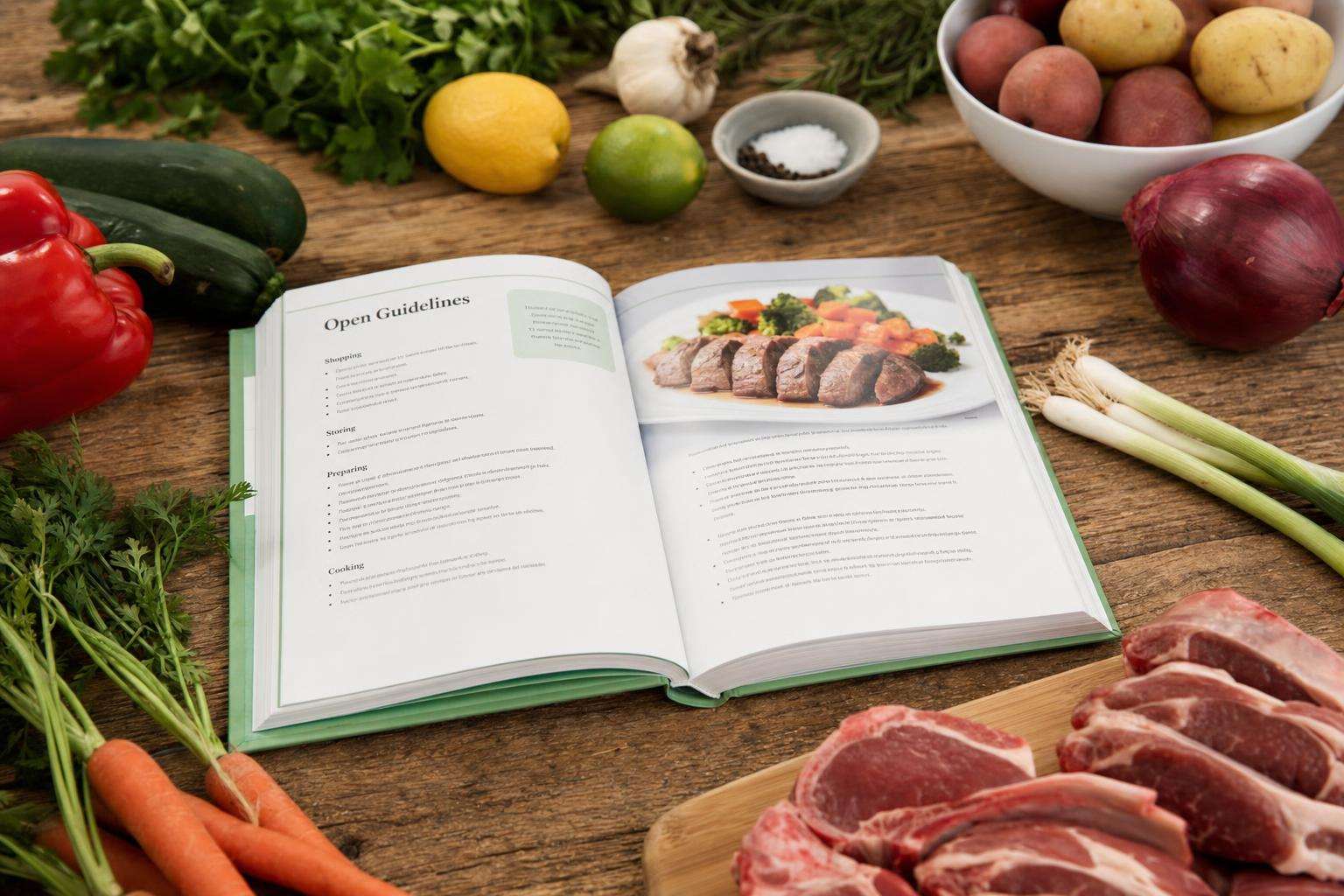 Nutrition guidelines booklet beside steak and vegetables on a table, no people