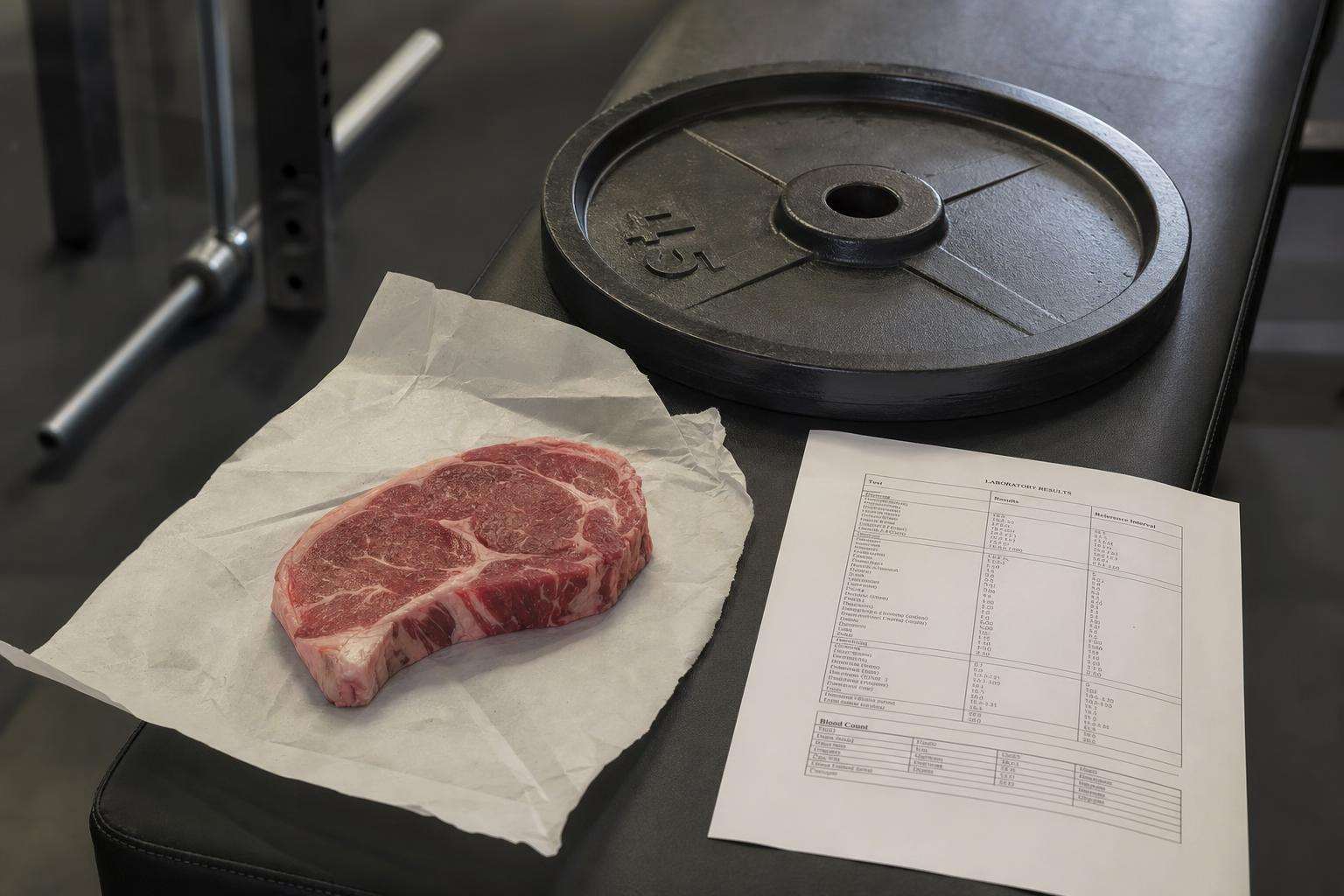 Barbell plates beside steak and lipid lab report printout, no people