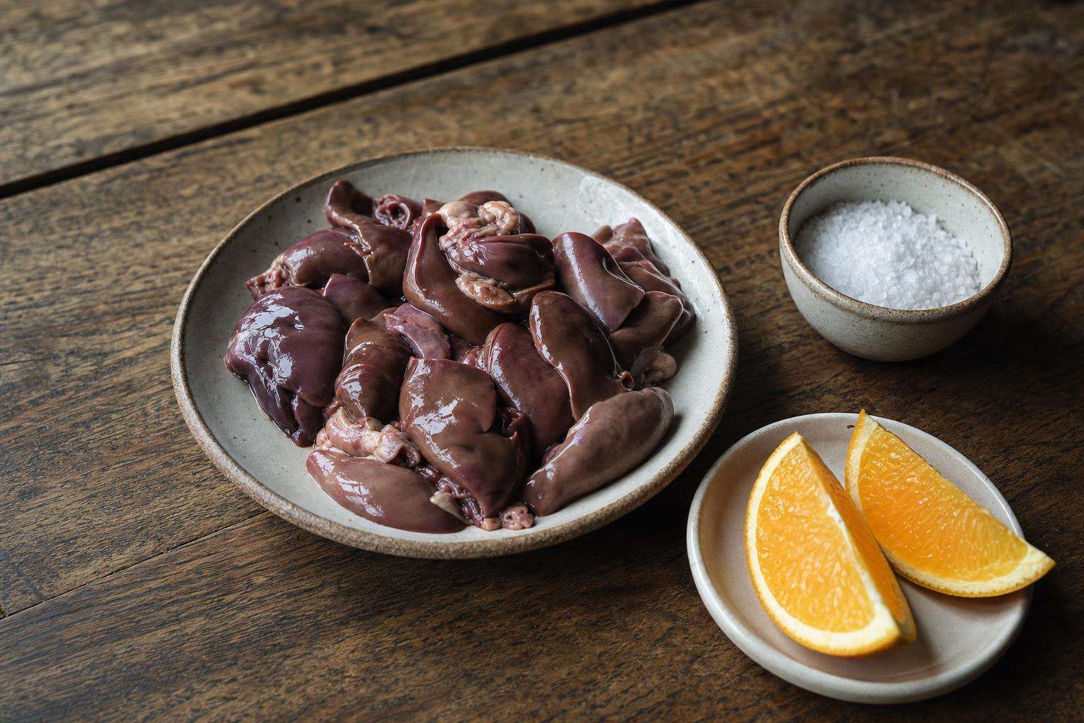 Liver slice, citrus fruit, and mineral salt cellar on wood surface, no people