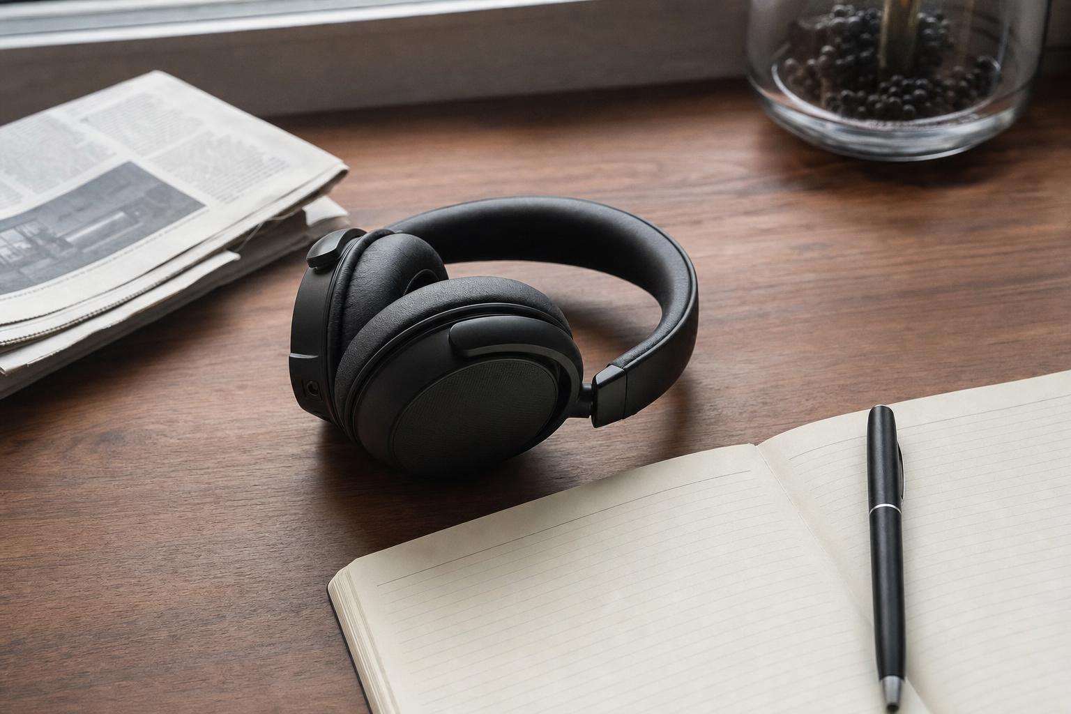 Headphones and newspapers beside a neutral notebook, no people