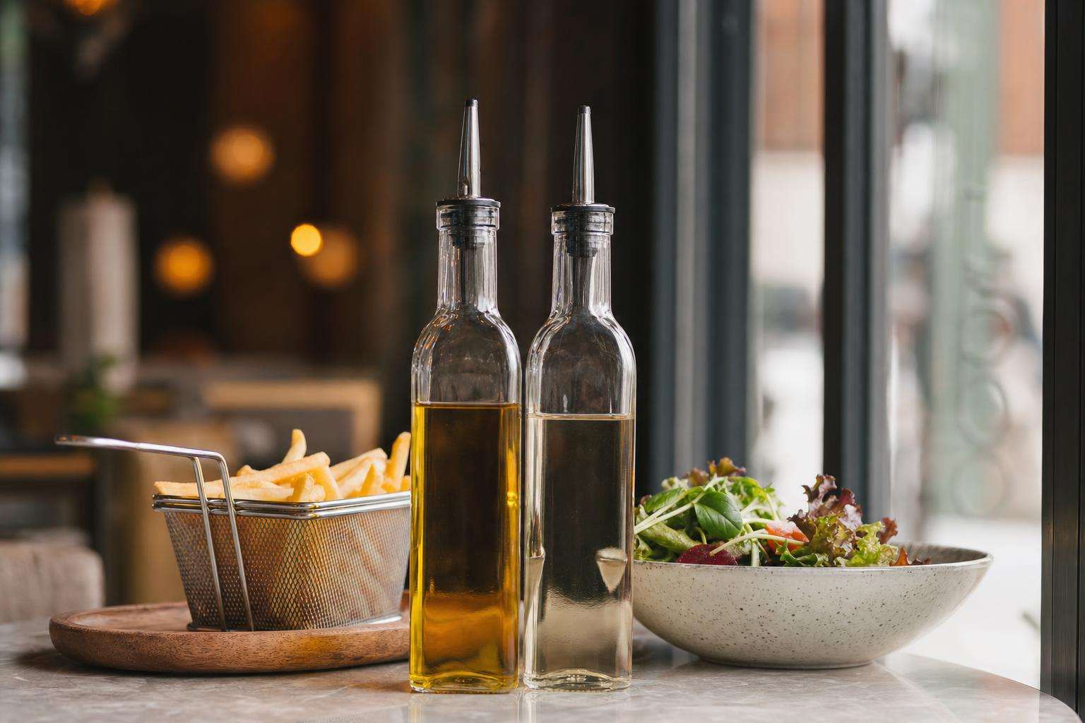 Bottles of cooking oils beside fried food and fresh vegetables contrast, no people