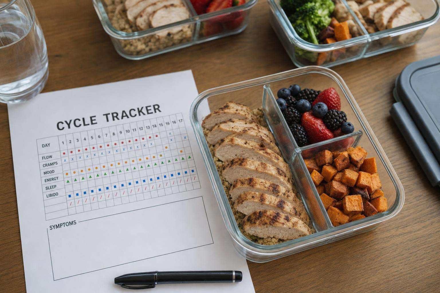 Calendar menstrual tracker beside fruit and cooked meat meal prep, no people