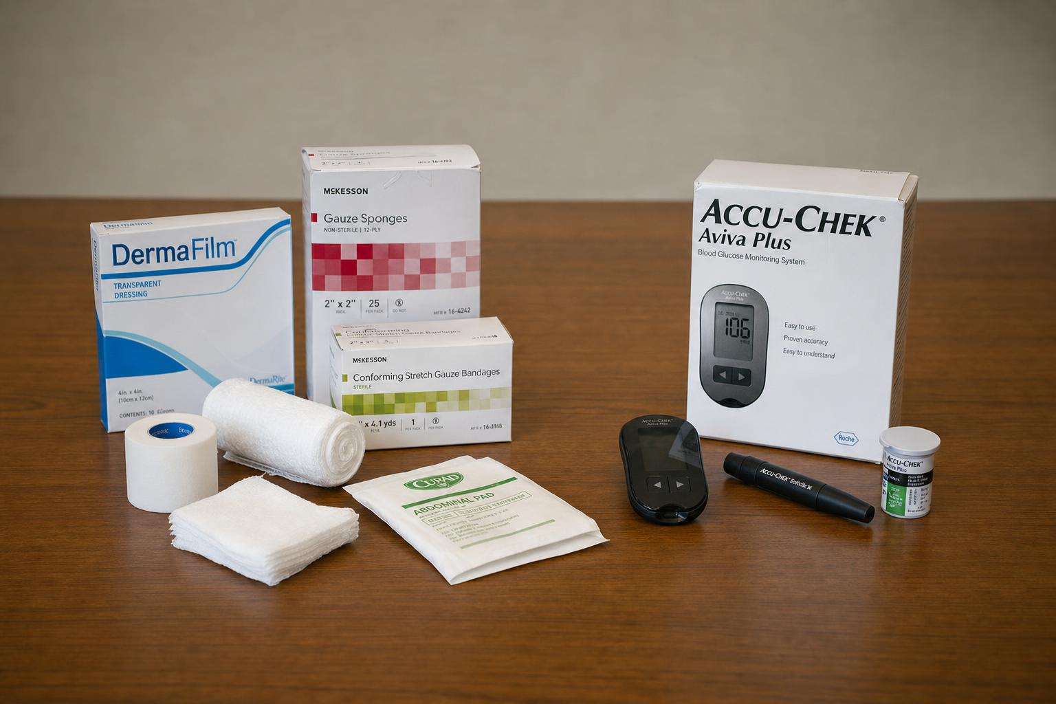 Split image concept: wound care kit on one side, glucose meter on the other, no people