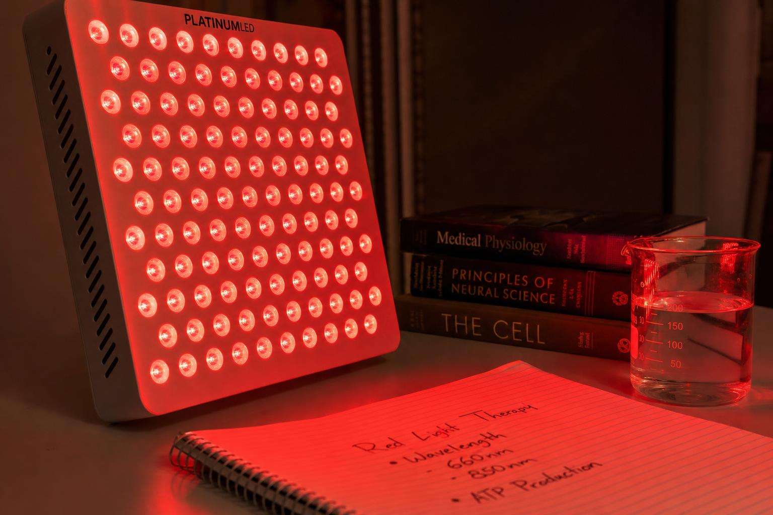 Red LED panel glow on laboratory optical bench with mitochondrion illustration, no people