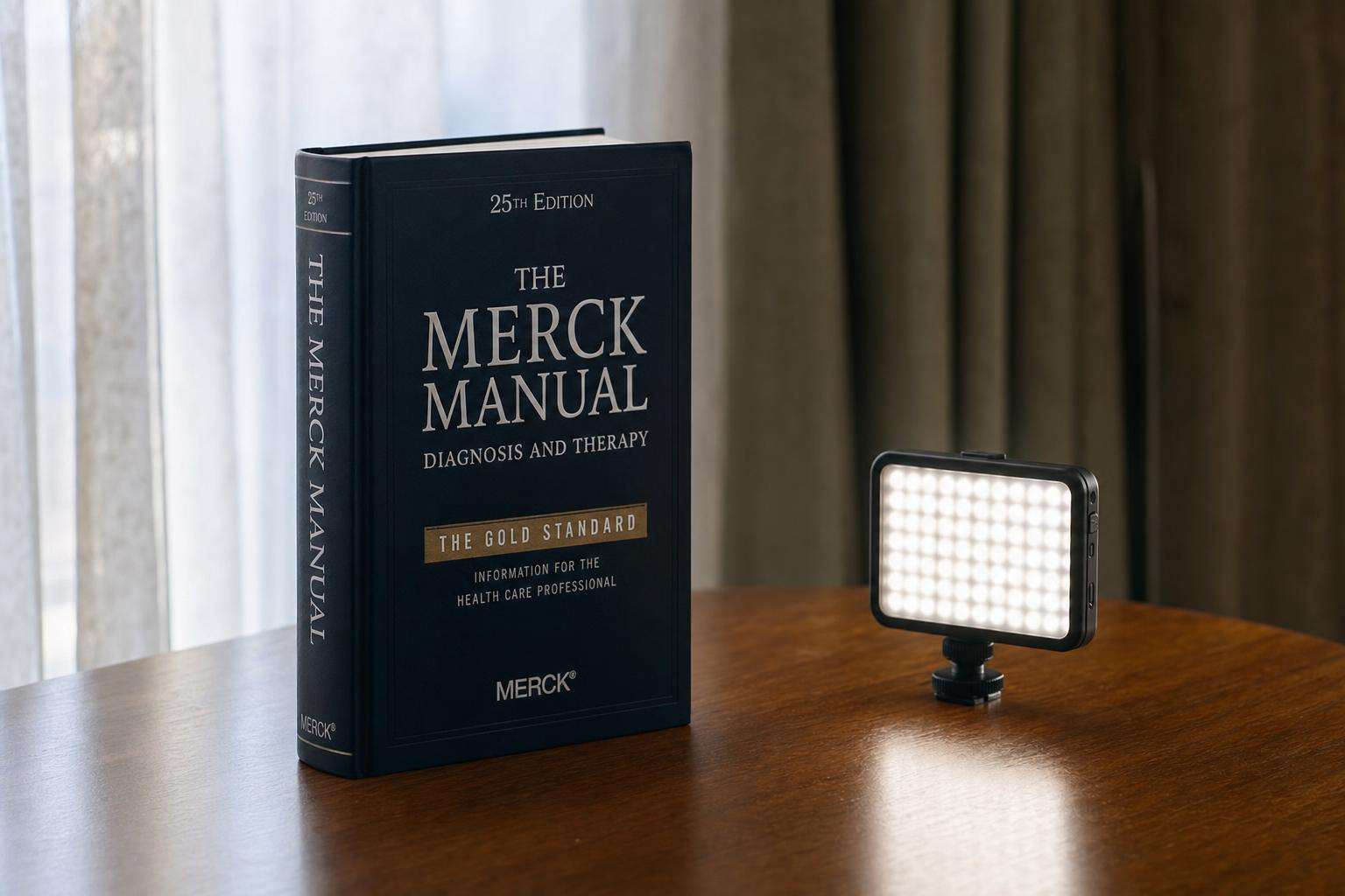 Clinical guidelines binder beside a small red LED device pushed to the side, no people