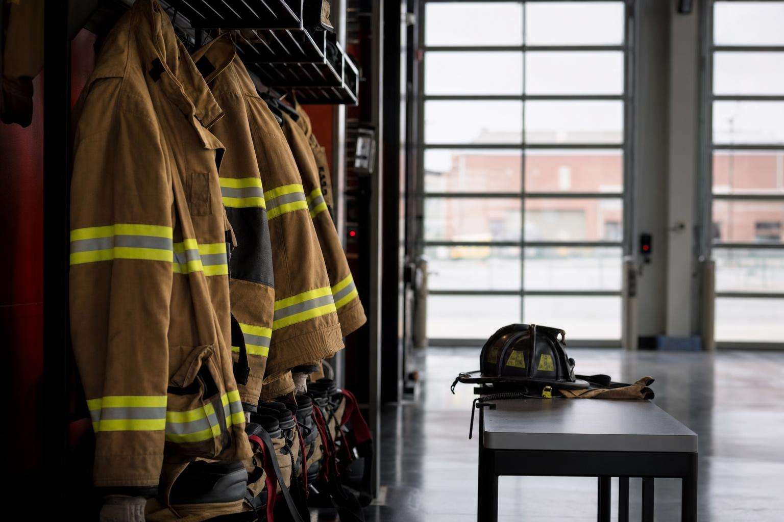 Firefighter turnout gear boots and helmet on a station floor near a closed equipment locker, no people visible