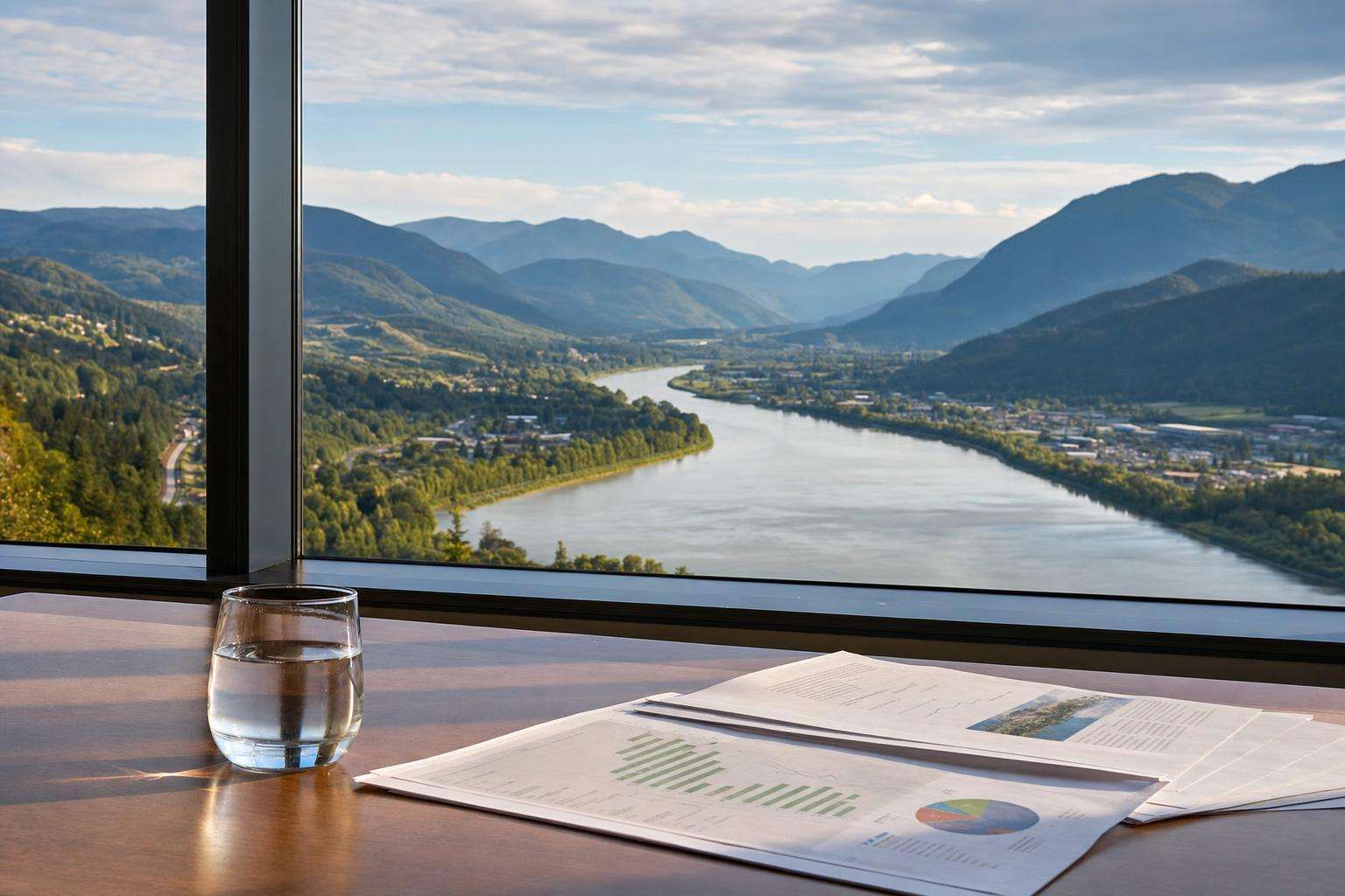 Ohio River valley landscape with a glass of water and printed community health report in the foreground