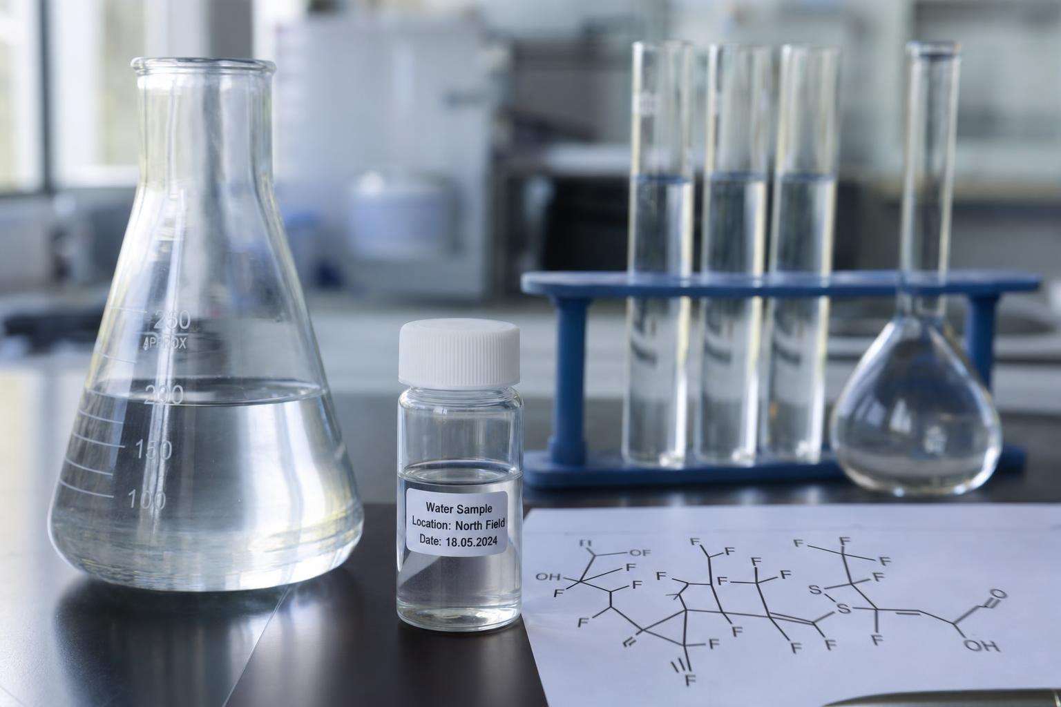 Molecular model of fluorinated carbon chain beside water glass and lab notebook, no people