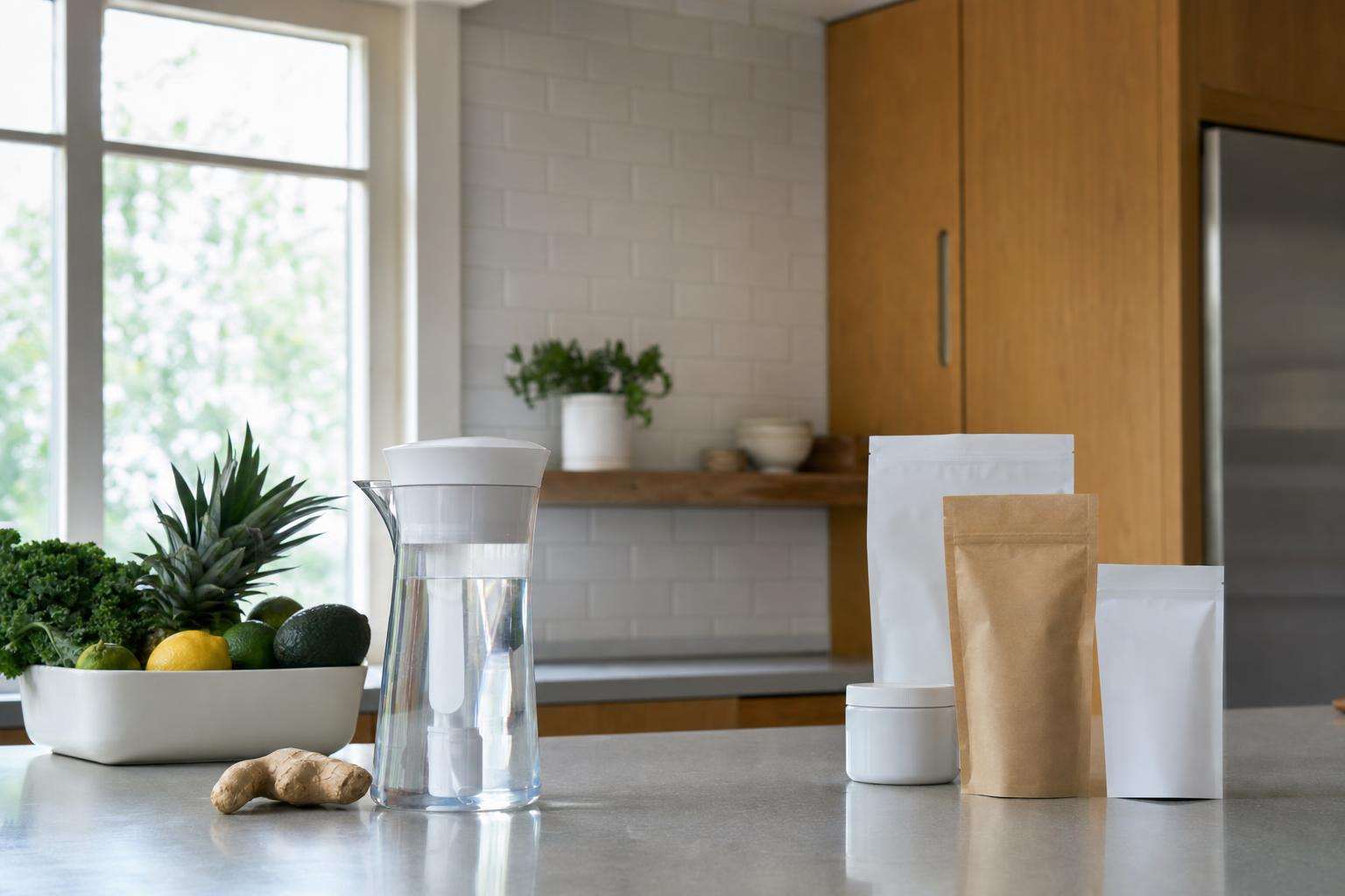 Water filter pitcher beside shopping list crossing out grease-proof packaging, no people