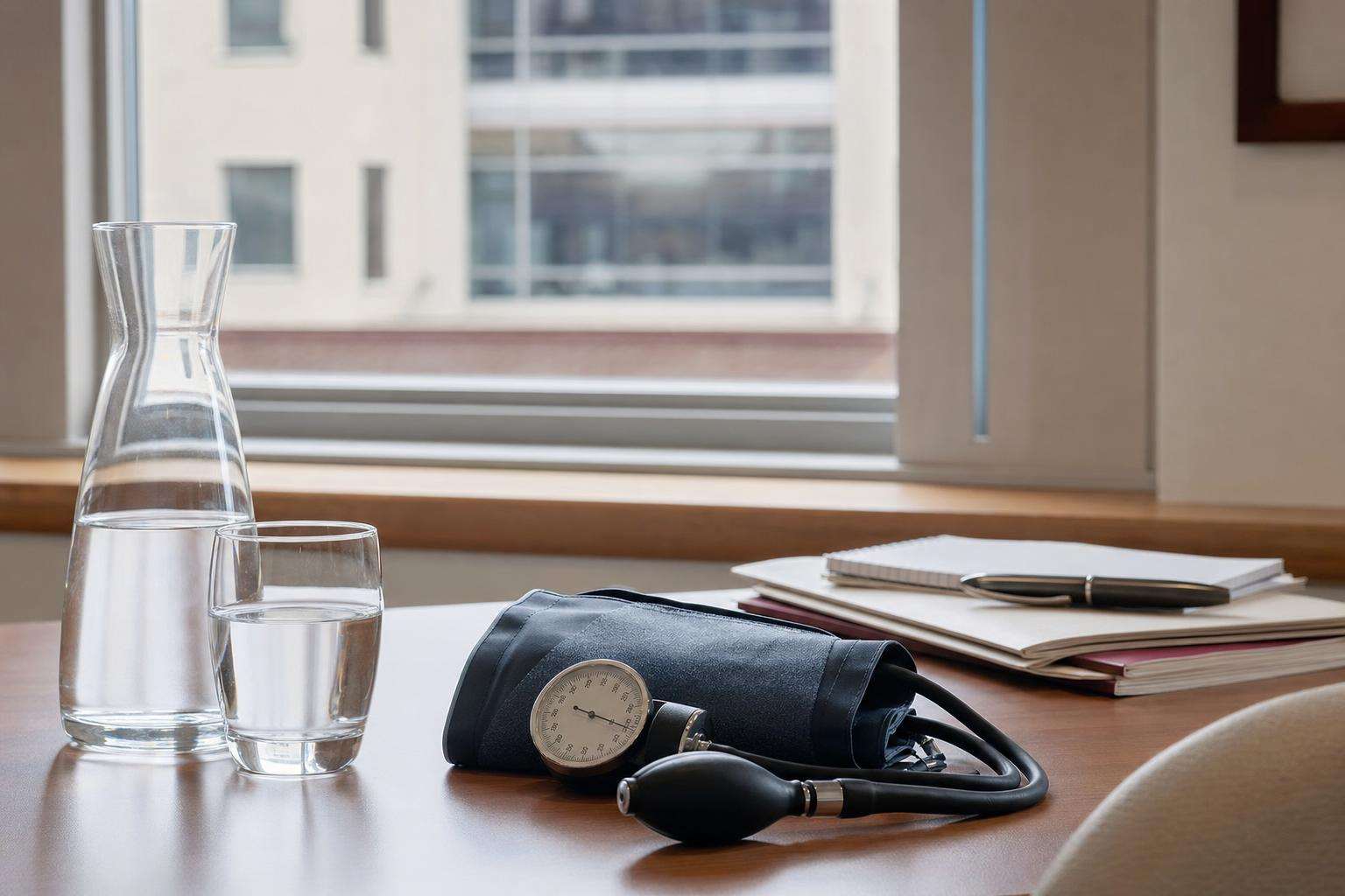 Prenatal care notepad beside water glass and baby bottle, soft light, no people