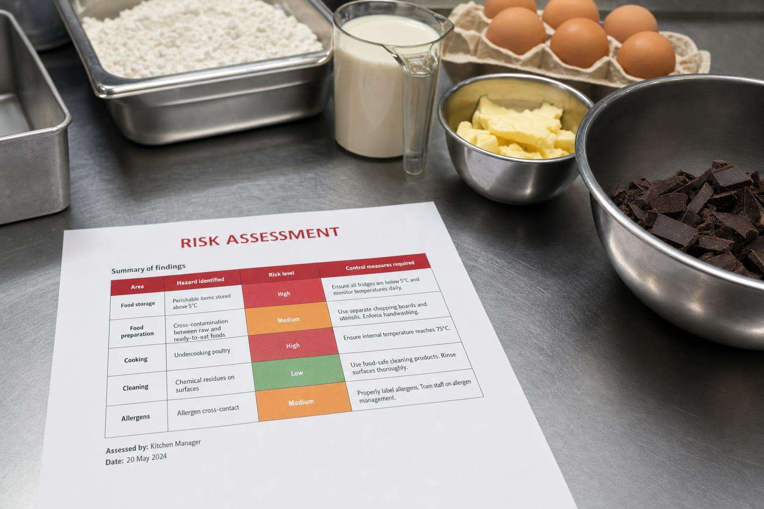Kitchen scale and measuring cup beside fresh food ingredients and a printed risk assessment page