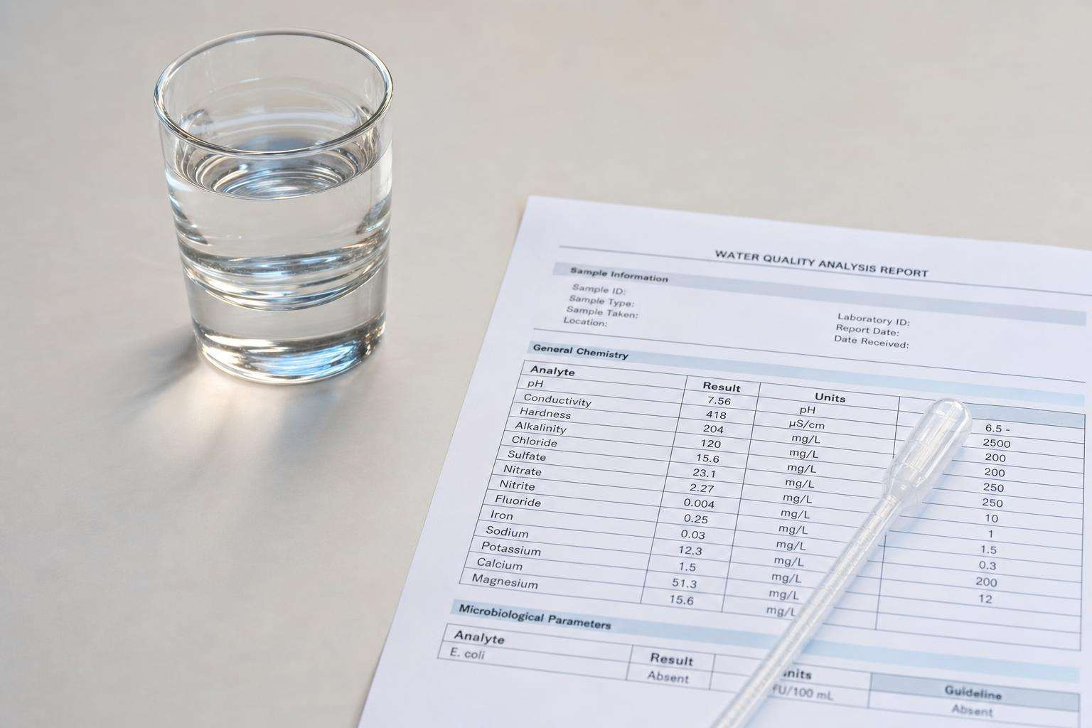 Glass of clear water beside a laboratory pipette tip and printed water-quality report, soft daylight, no people