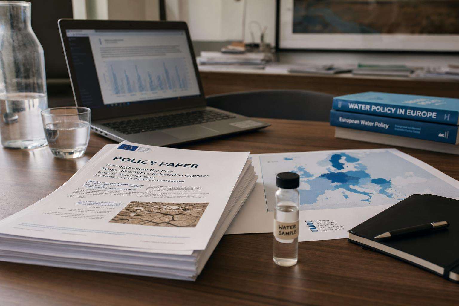 EU regulatory documents and water glass on policy desk, no people