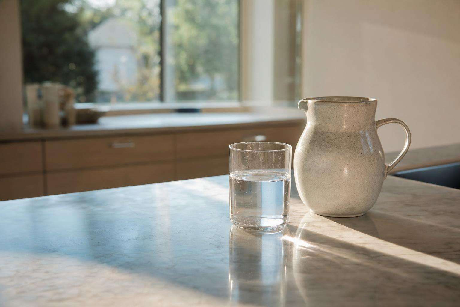 Glass of water and clean pitcher on a kitchen counter in soft morning light, no people