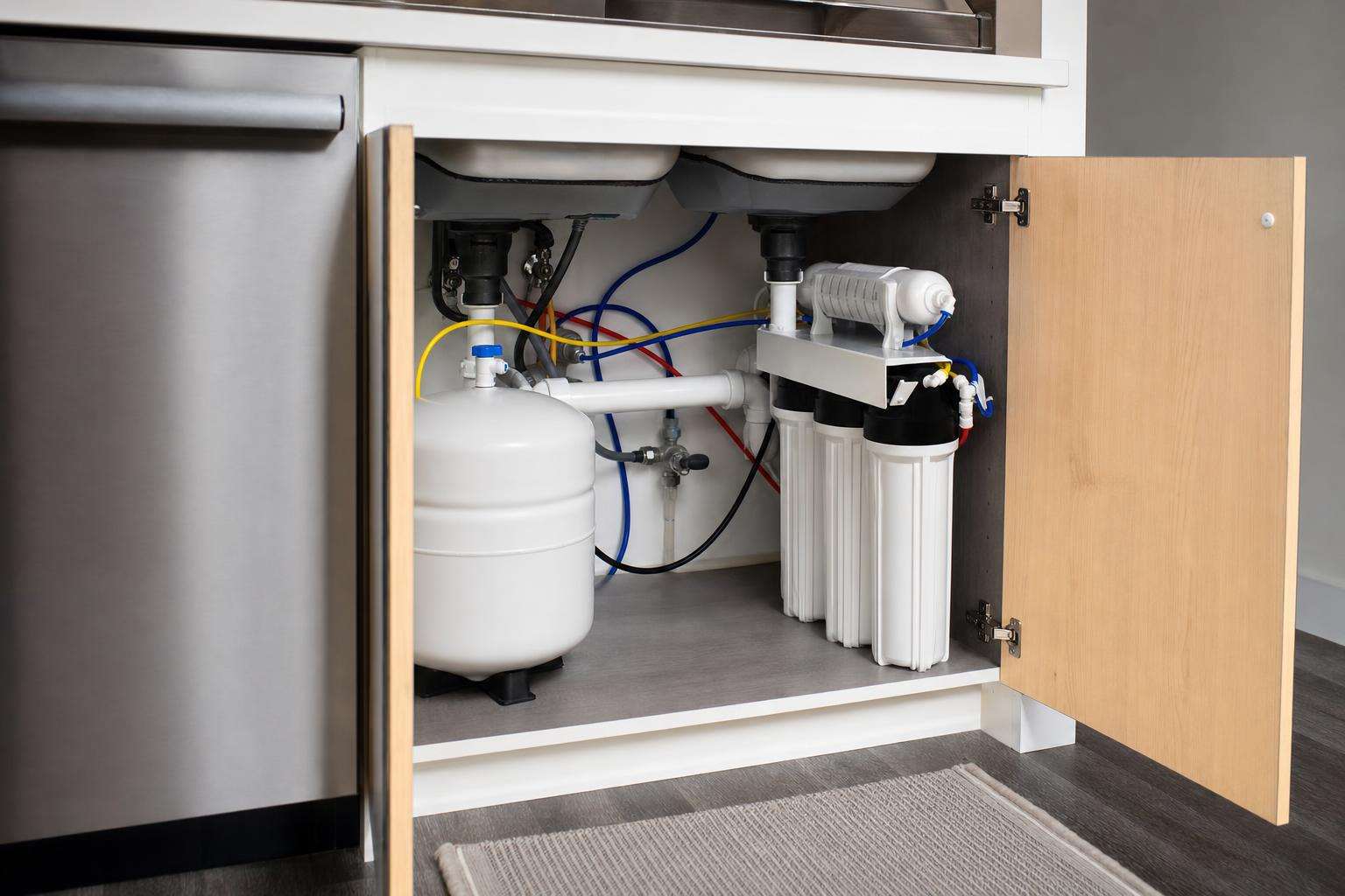 Under-sink reverse osmosis tank and carbon filter cartridges on a clean utility shelf, no people