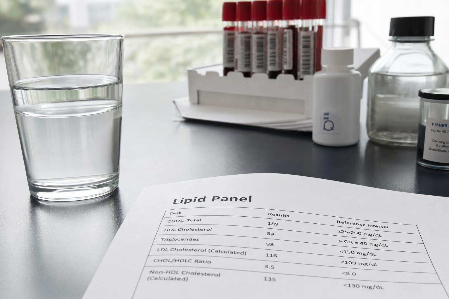 Thyroid anatomy diagram printout beside a lipid panel lab report and glass of water on a desk