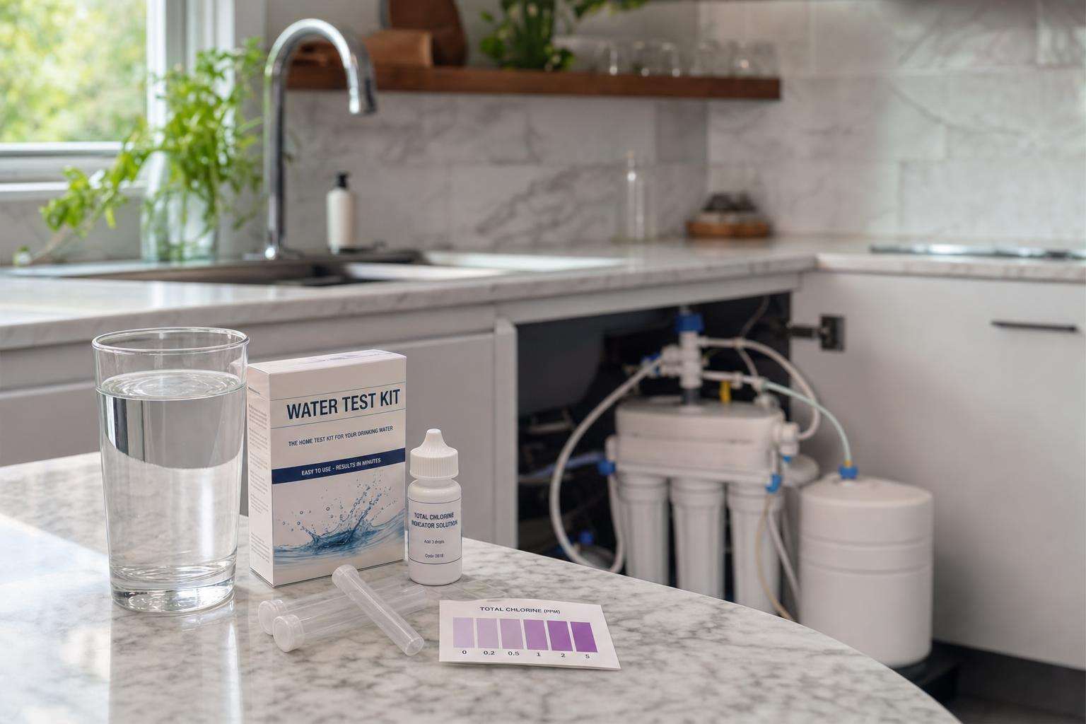 Water sampling bottles at a kitchen sink with filter housing, no people