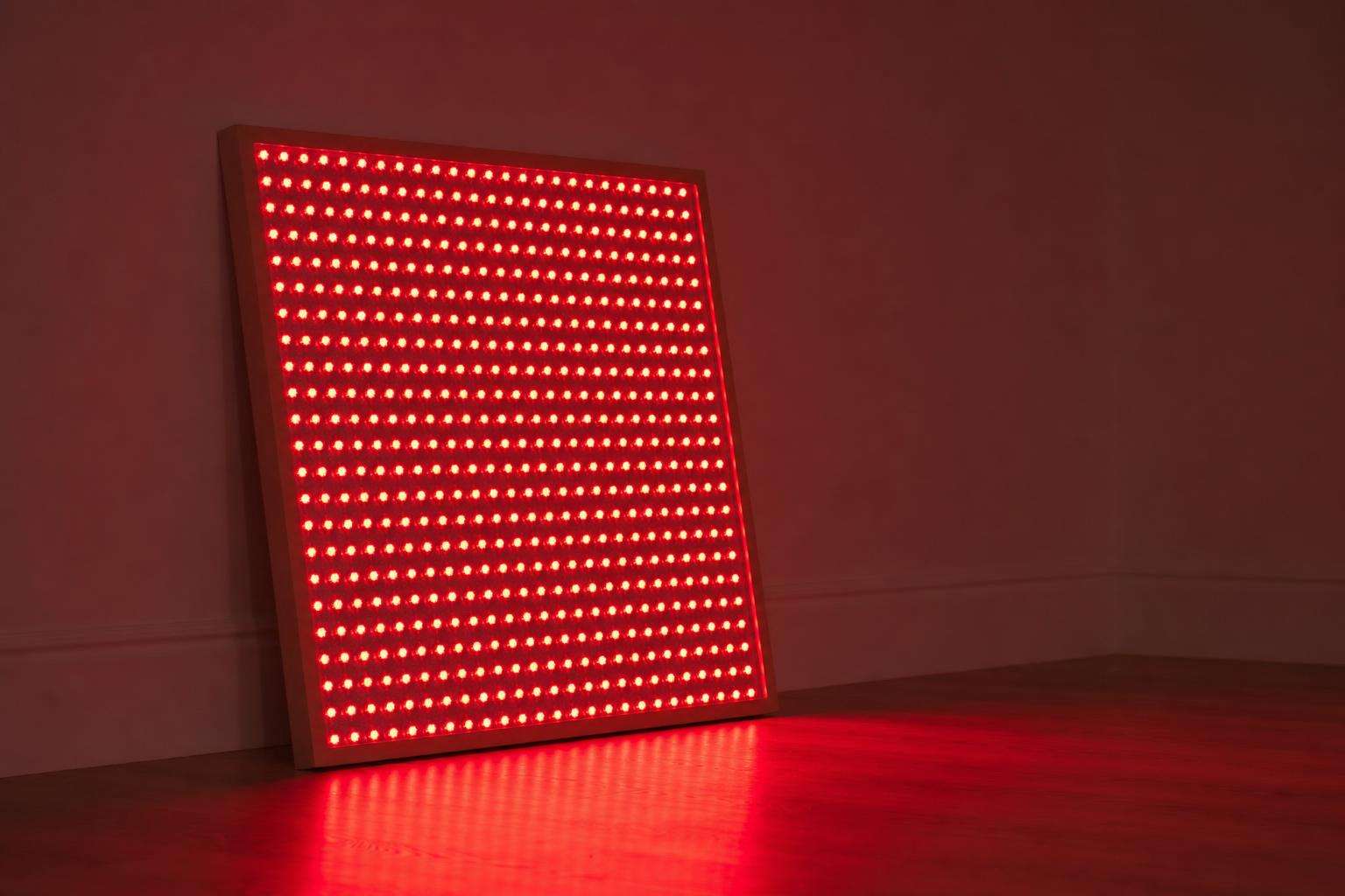 Red LED light panel glowing softly in a minimal room corner, no people
