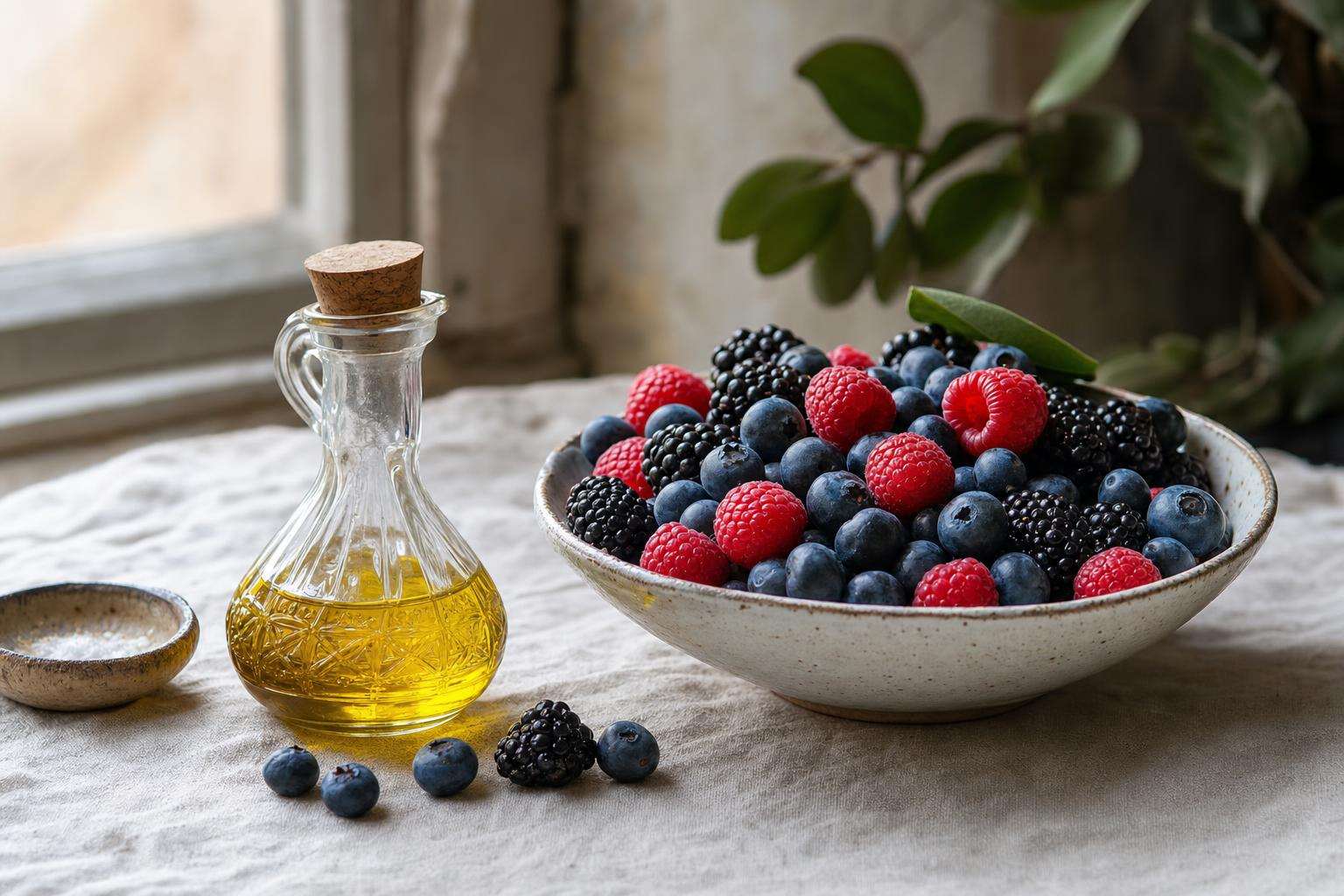 Ripe dark berries and early-harvest olive oil bottle without label, no people
